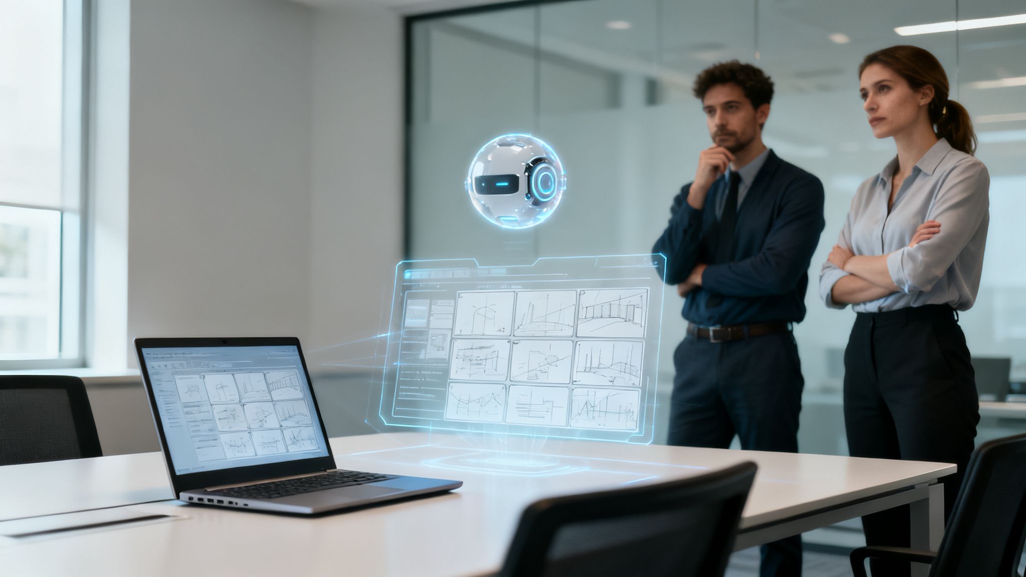 Two business professionals observe an agentic AI assisting with architectural designs on a holographic display.