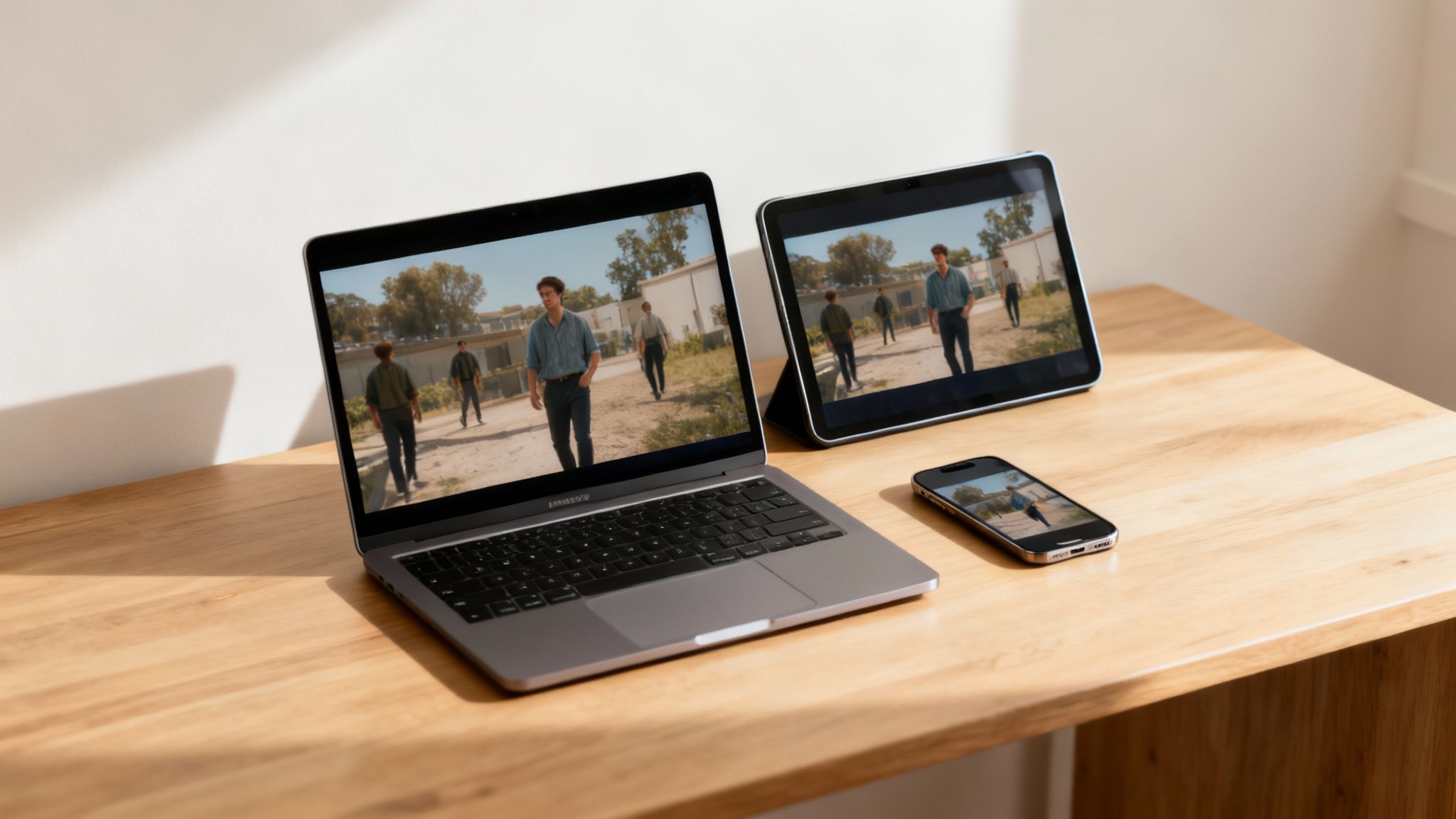 A person editing a video on a laptop at a modern desk, surrounded by plants and coffee.