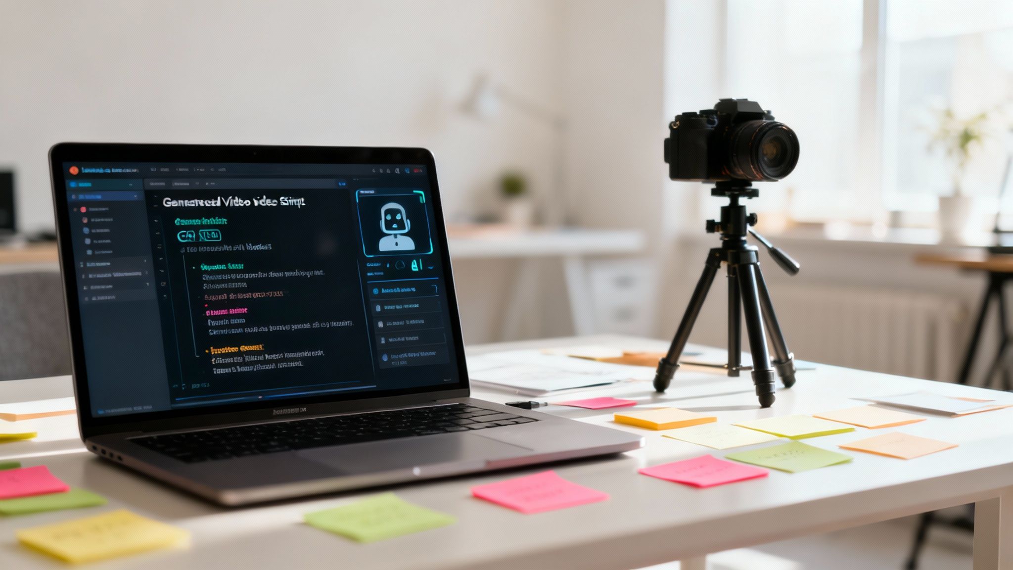 Laptop displaying AI video script with camera on tripod and colorful sticky notes on desk