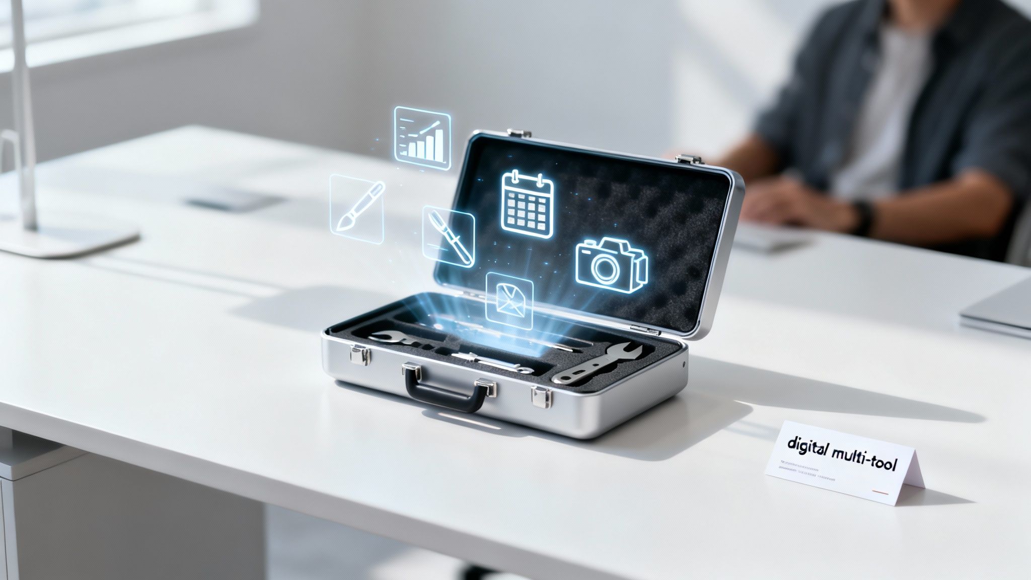 An open metal toolbox emitting glowing digital icons like a calendar, camera, and bar graph, symbolizing digital tools.