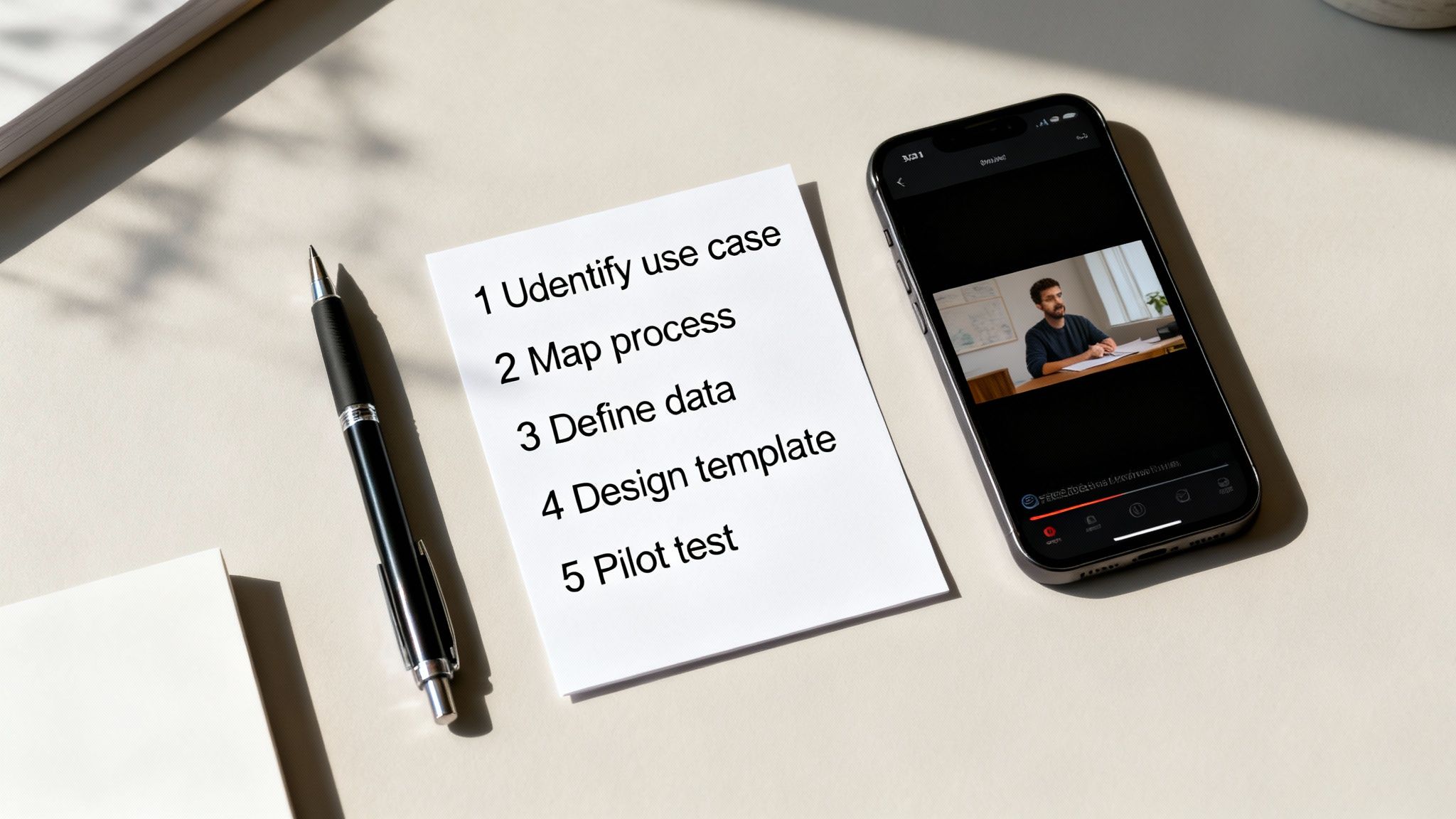 A smartphone plays a video next to a list of workflow steps and a pen on a desk.