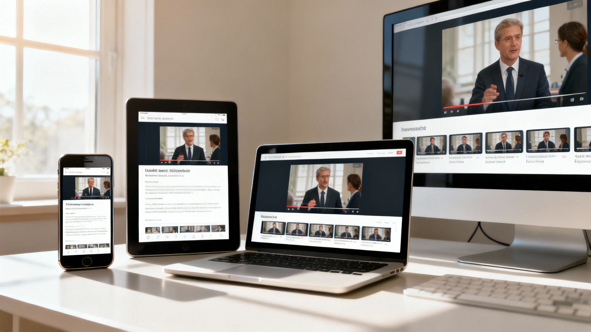 People sharing a video on multiple devices, illustrating digital distribution.