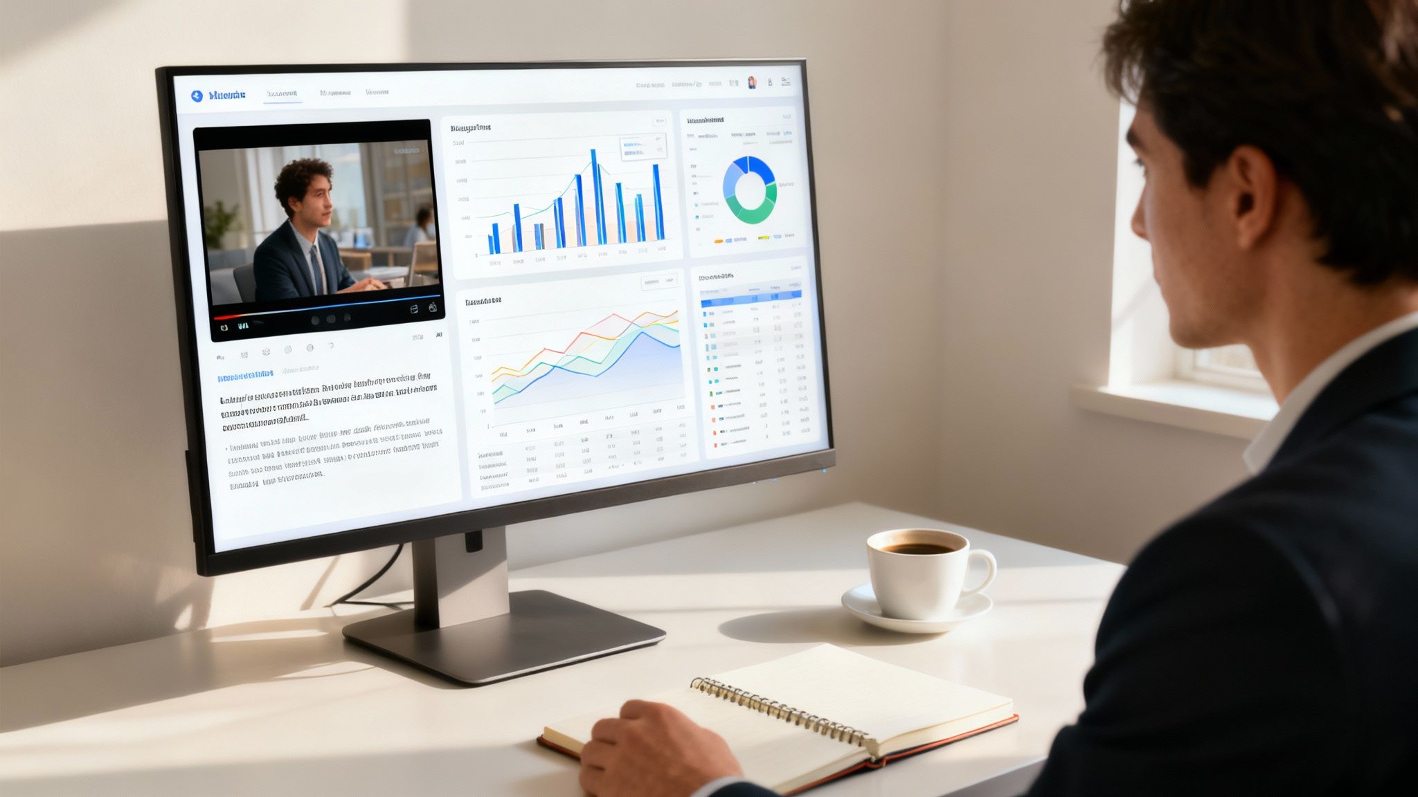 Professional businessman analyzing data dashboards and charts during virtual video conference meeting