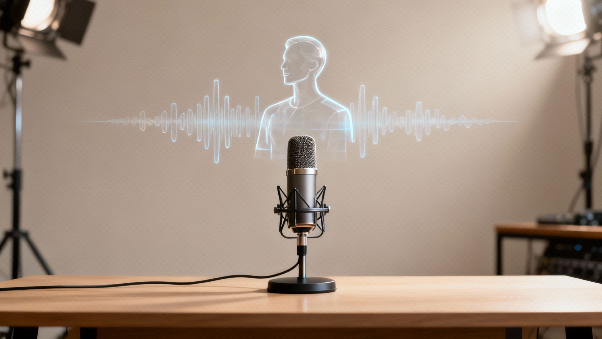 A studio microphone on a wooden table with a glowing human silhouette and sound waves behind it.