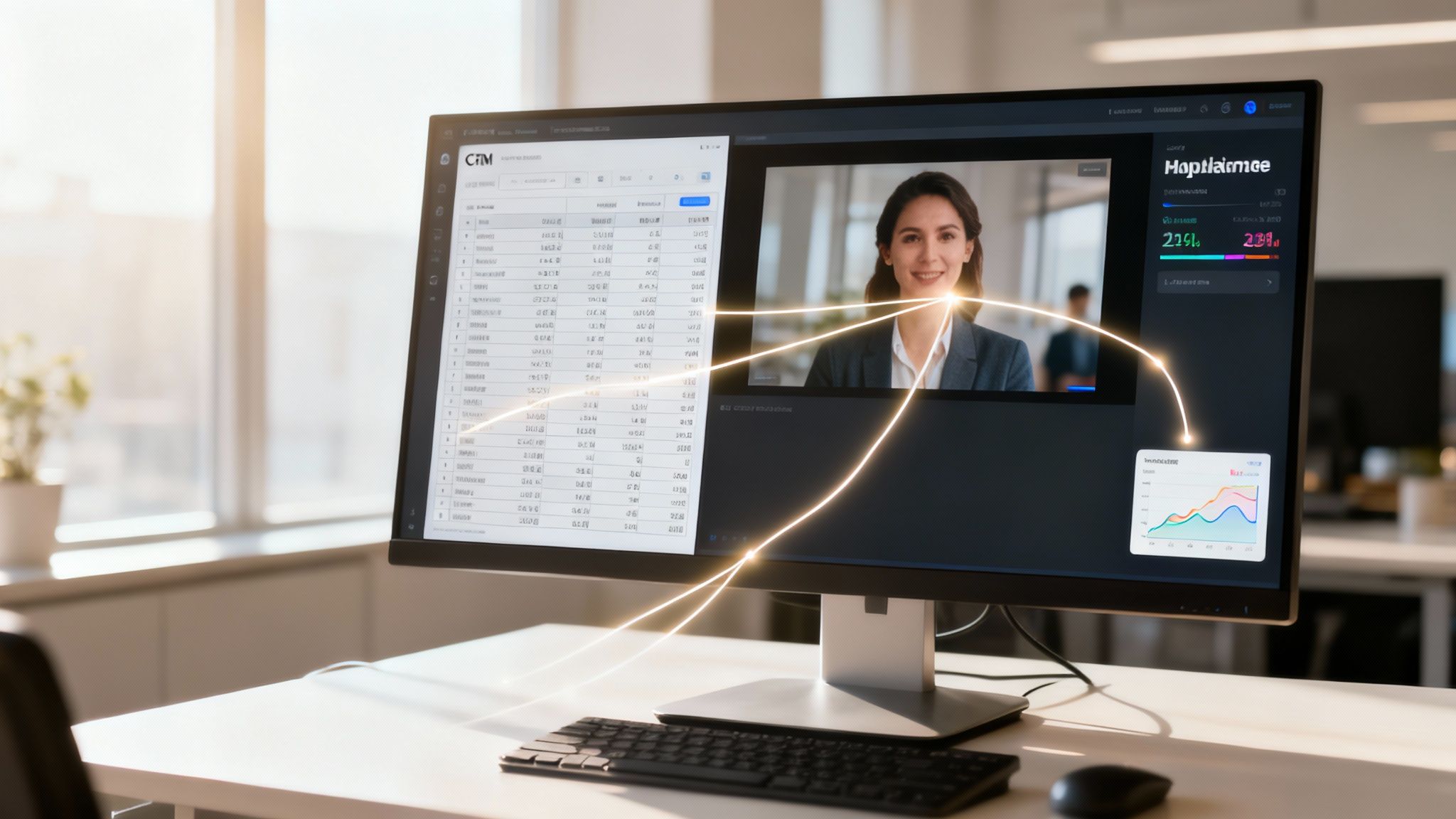 A computer monitor on a desk showing a video call with a woman, data, and glowing AI connection lines.
