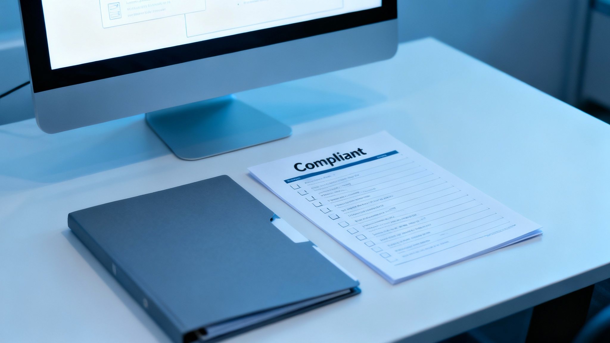 A monitor displaying data, a blue binder, and a document titled 'Compliant' on a white desk, suggesting an office workspace.