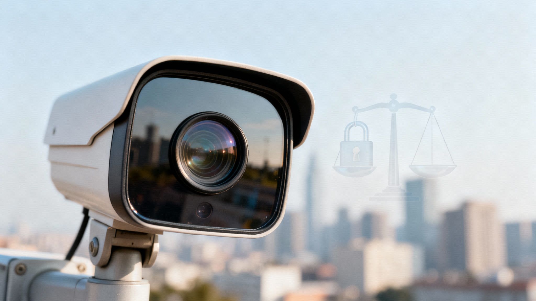 A white CCTV camera captures a cityscape, with a symbolic scale of justice and padlock.