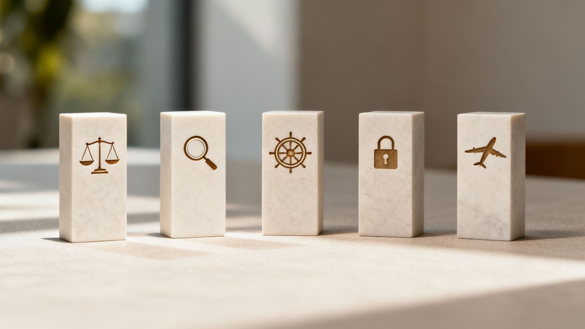 Five wooden blocks with engraved icons representing justice, search, navigation, security, and travel in a row
