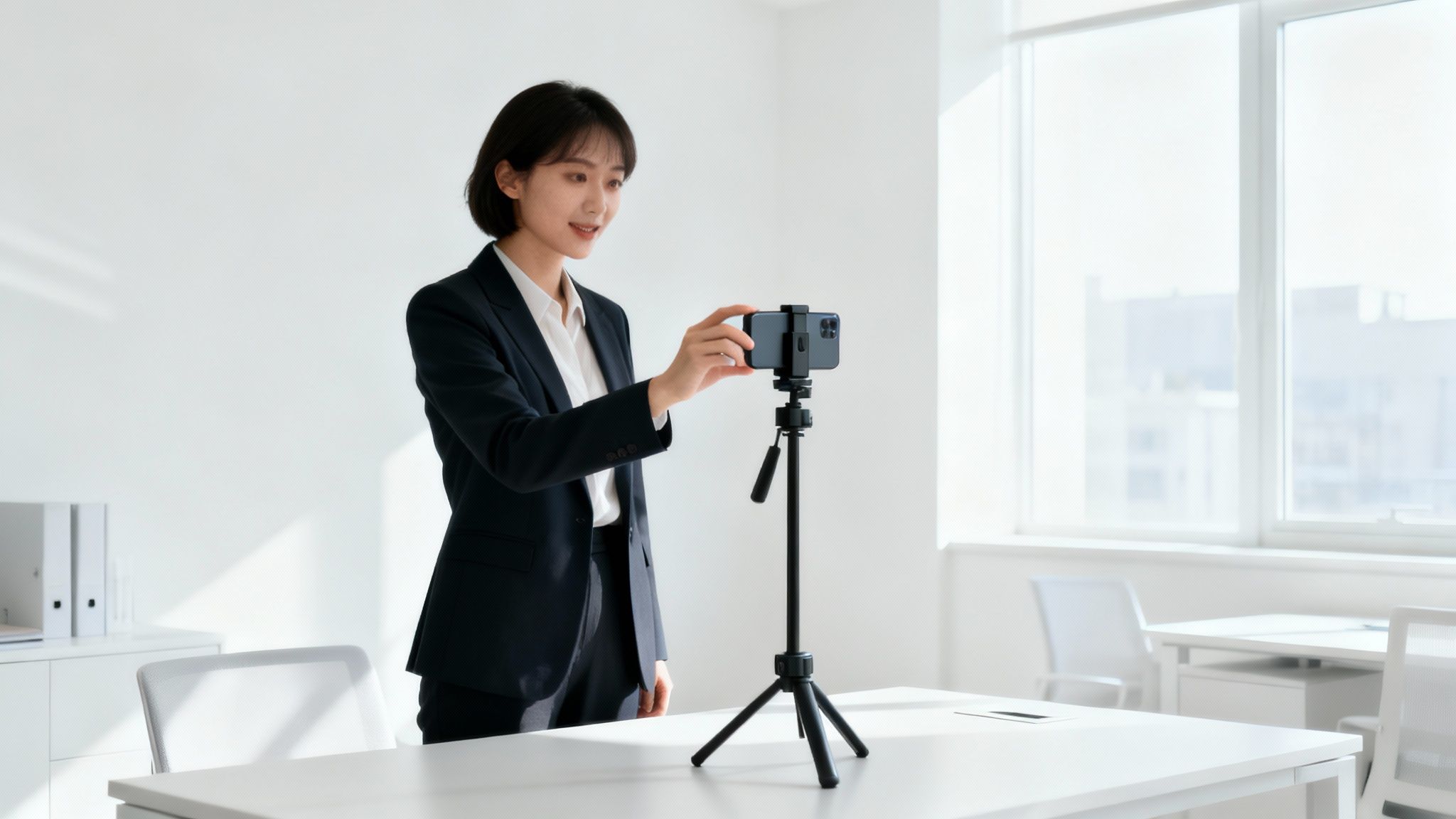 A professional video production setup with a camera filming a person at a desk.