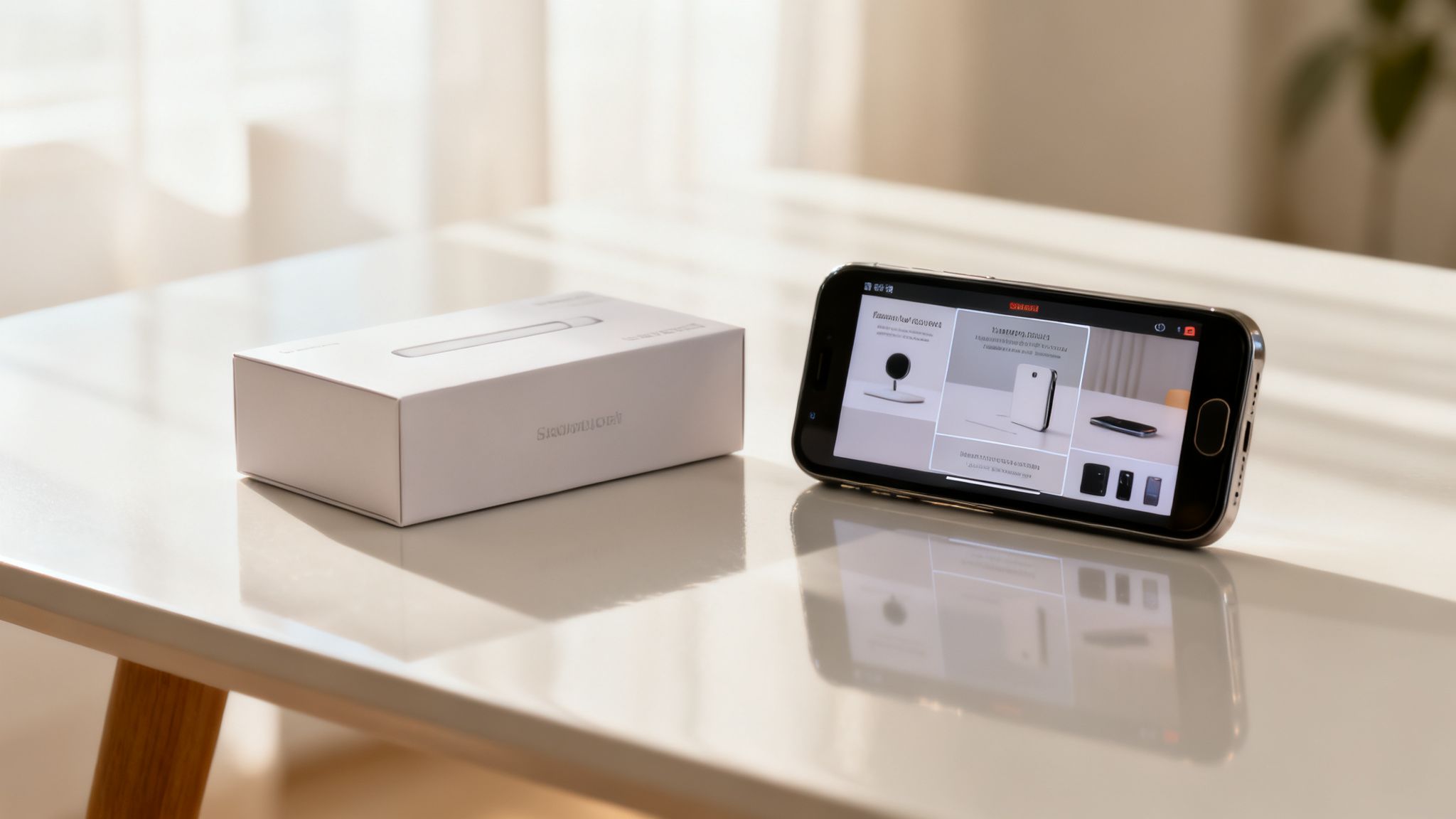 A white product box and a smartphone displaying tech products on a reflective table.