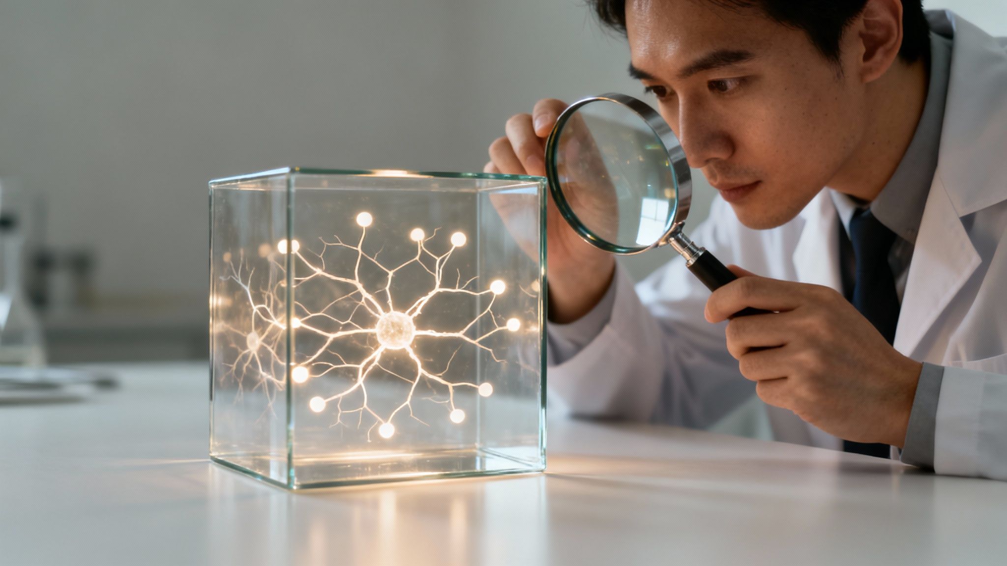 An Asian scientist in a lab coat intently studies a glowing neuron model in a glass cube with a magnifying glass.