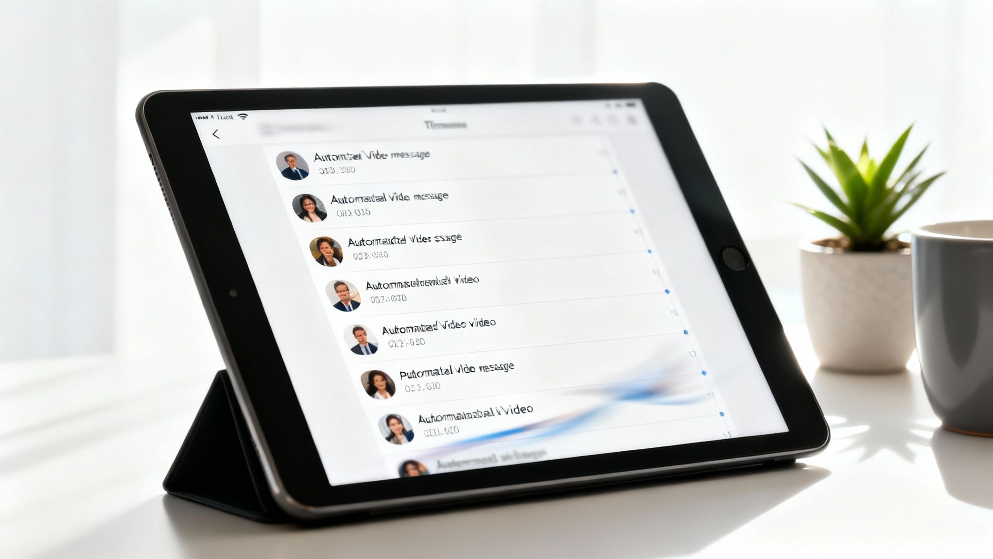 Tablet displaying automated video message list with contact profiles and timestamps in messaging interface