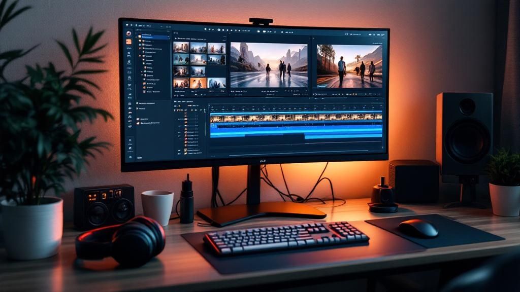 A creative workflow diagram showing video content being repurposed from a webinar into social media clips and blog posts.