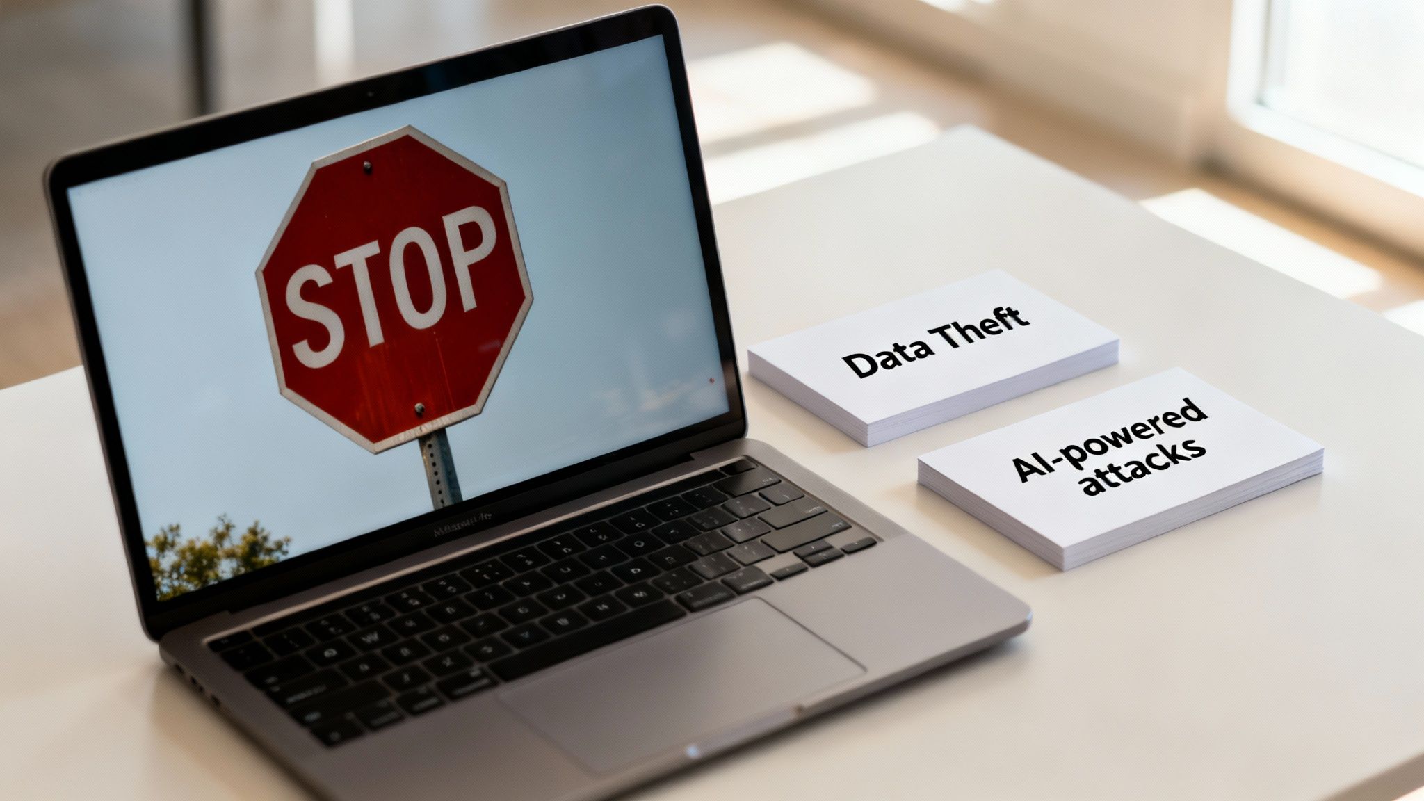A laptop displaying a stop sign, with cards labeled "Data Theft" and "AI-powered attacks" on the table.