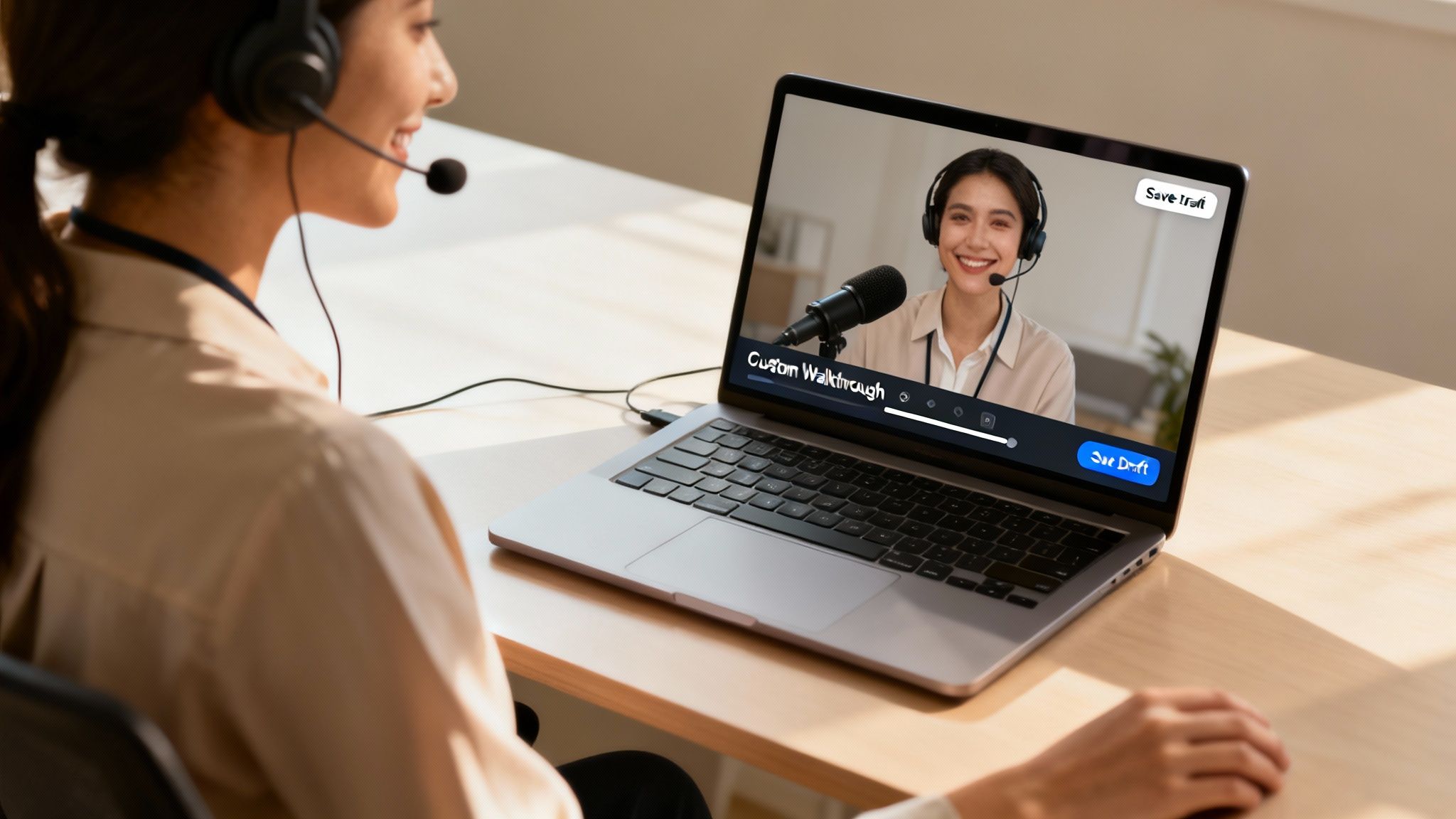 A customer success manager on a video call, sharing a personalized thank you message with a client.