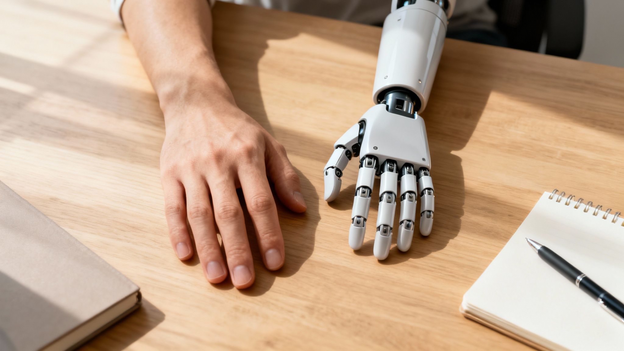 Human hand next to a white robotic prosthetic hand on a wooden desk with a notebook.
