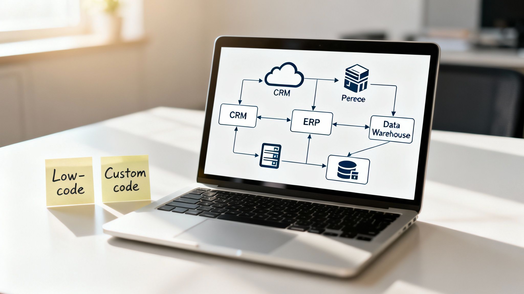 Laptop showing a software integration diagram with CRM and ERP, next to 'Low-code' and 'Custom code' notes.
