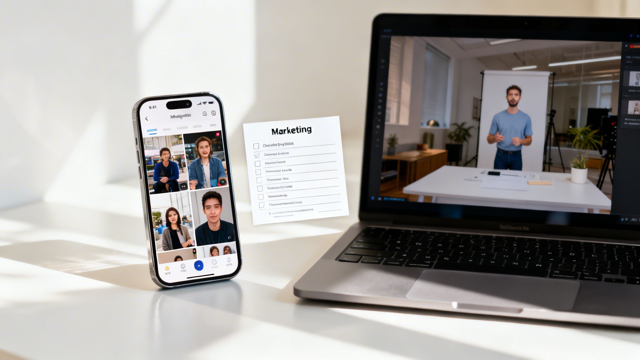 A laptop displays a man presenting in a video, while a smartphone shows a grid of people in a virtual meeting, with a marketing checklist on the desk.