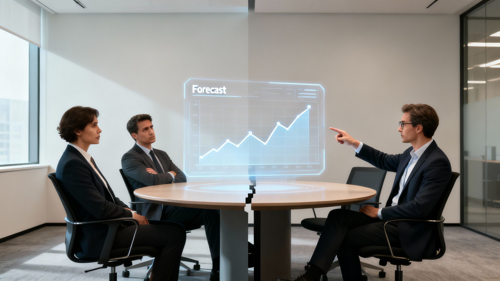 Business professionals in a modern meeting room analyzing a glowing holographic forecast chart together.