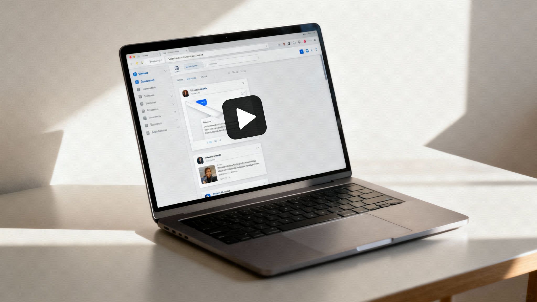 A marketer analyzing video engagement metrics on a laptop with charts and graphs in the background.