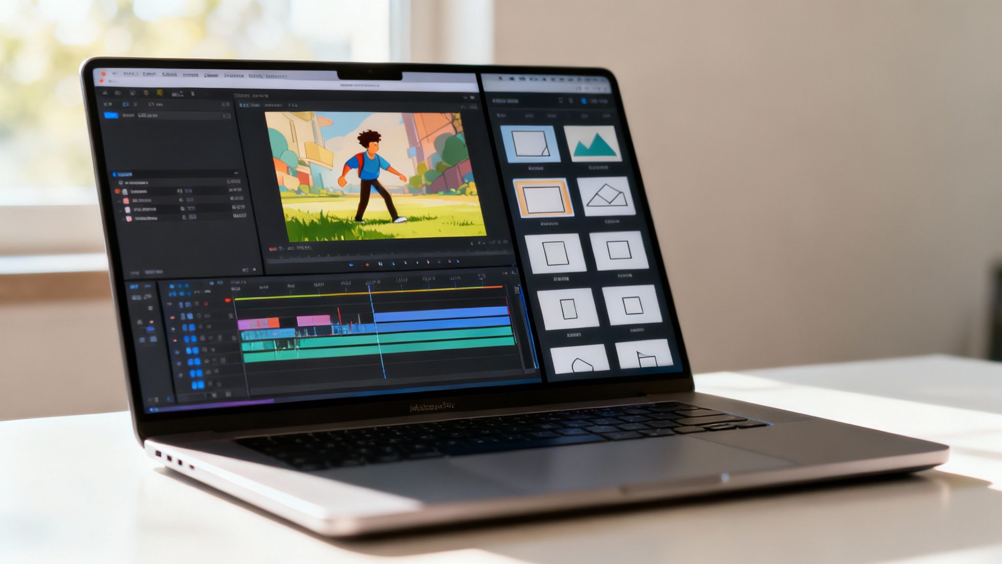 An abstract and colorful representation of animation software interfaces, showing timelines and keyframes.