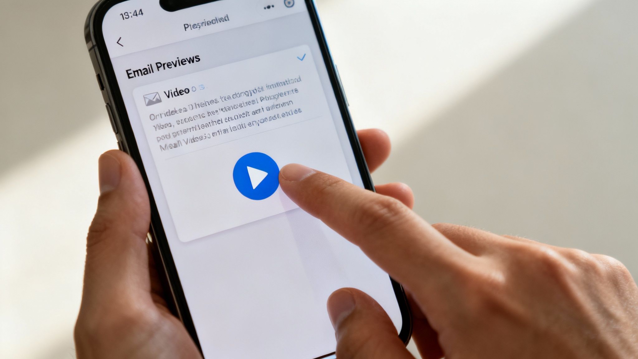 A person watching a video on their phone, which is displaying an email with a video thumbnail.