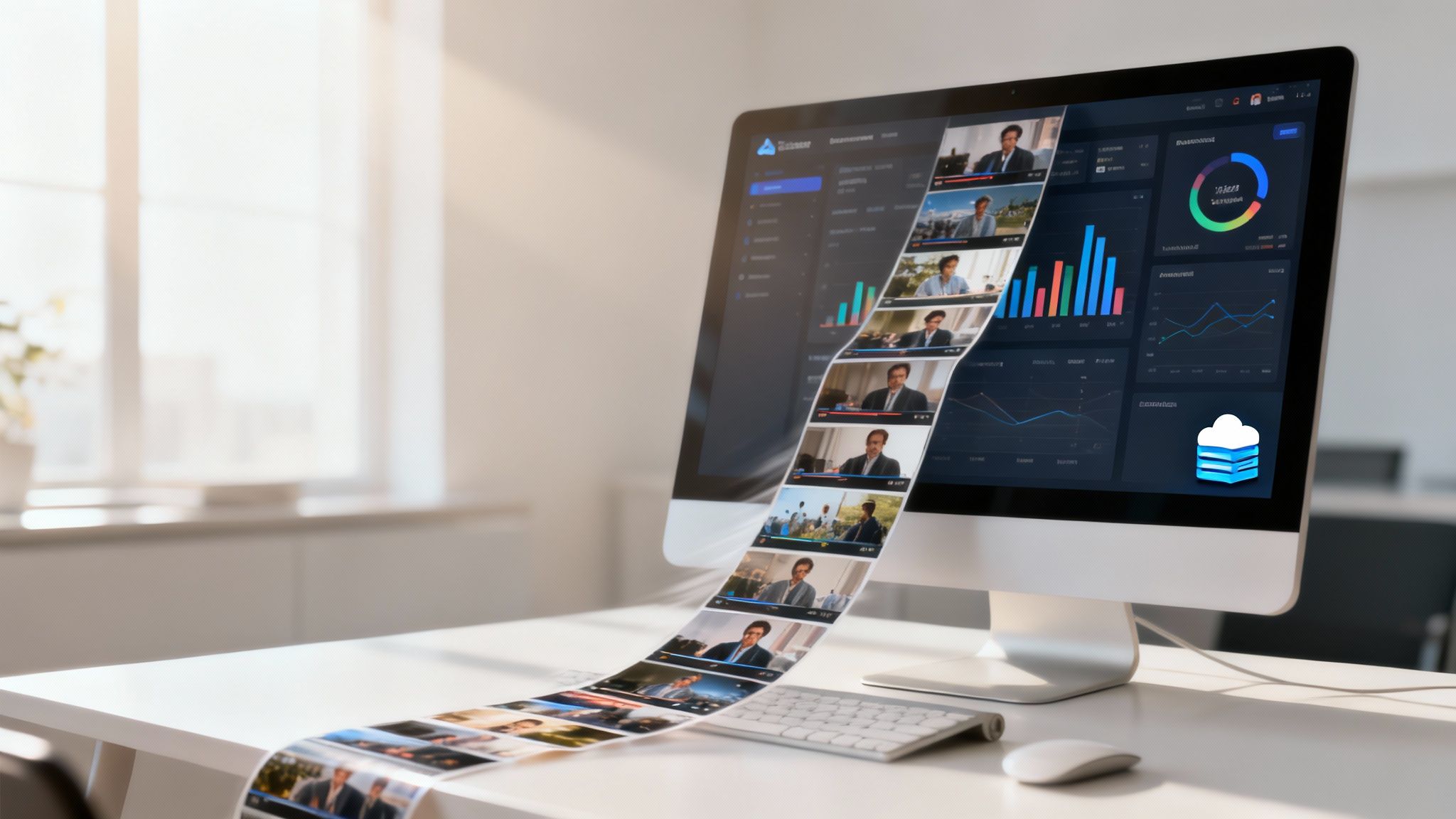 Desktop computer displaying data analytics and a stream of video thumbnails flowing onto a modern desk.