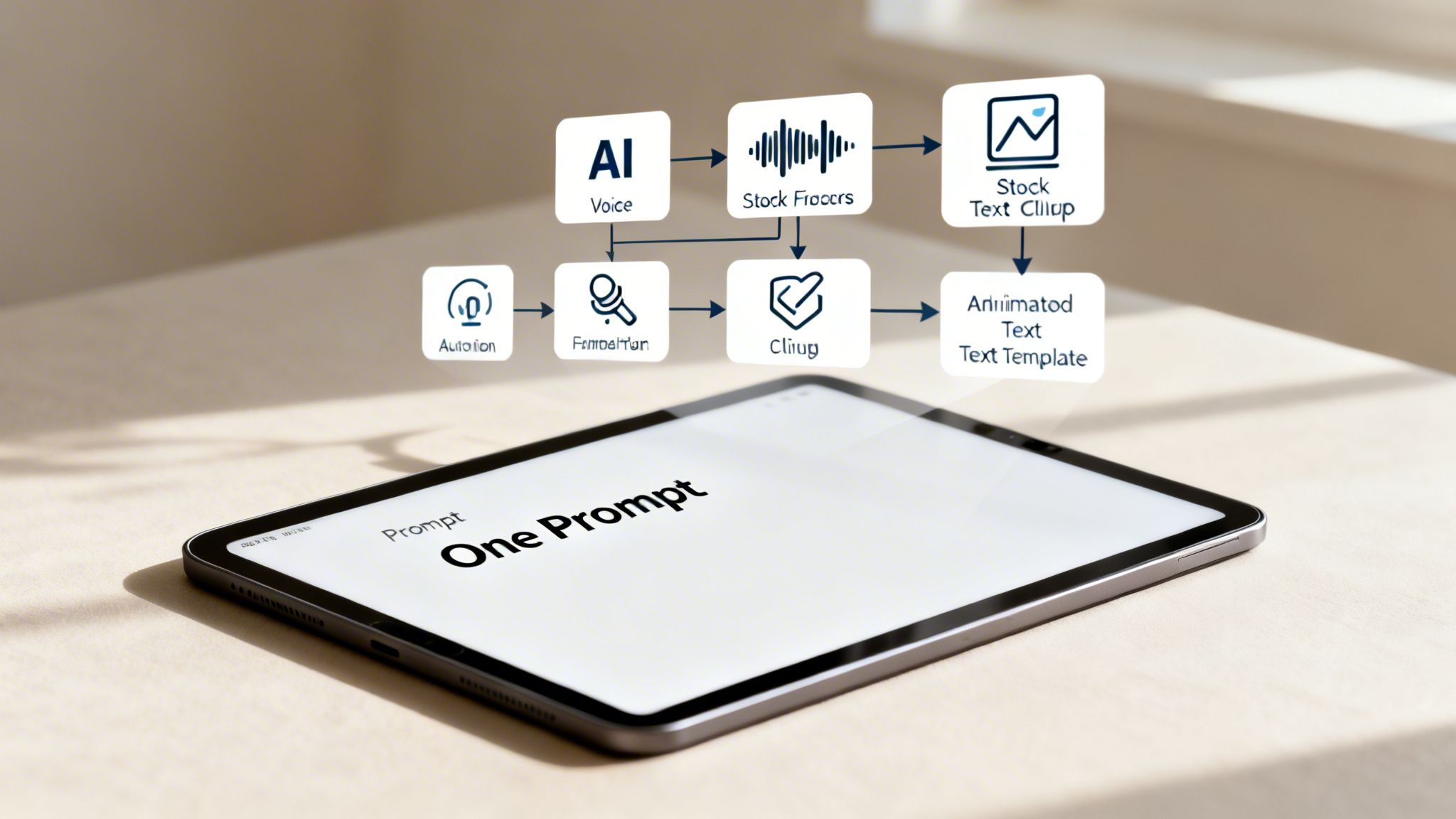 A tablet displays 'One Prompt' with a workflow diagram showing AI Voice, Stock FX, and text elements.