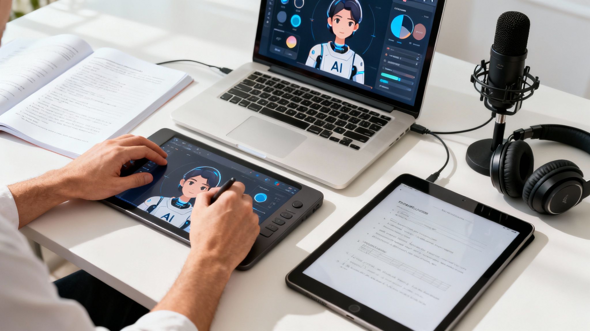 A person's hands work on a graphic tablet, creating an AI character, with a laptop and headphones.