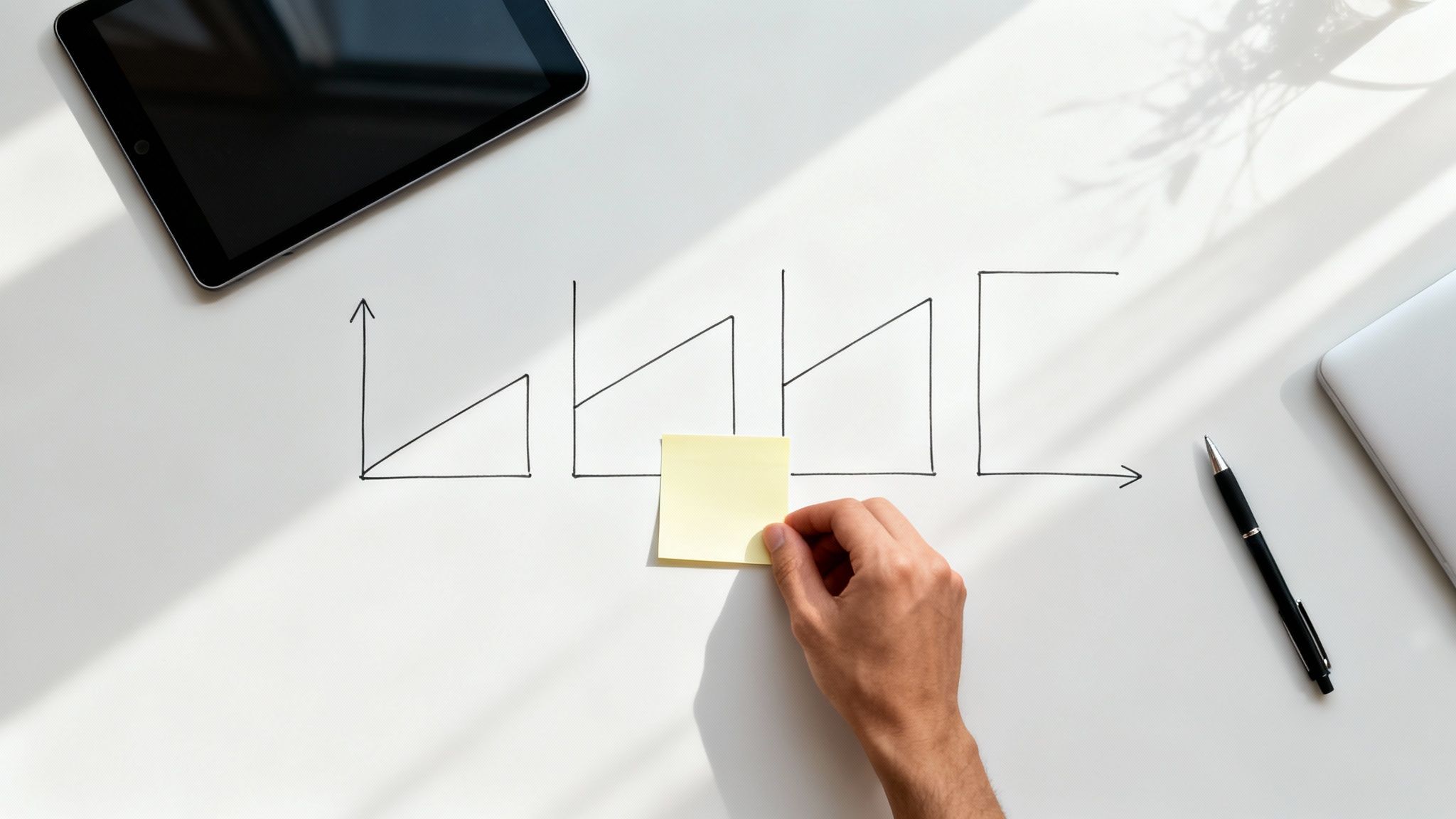 Hand placing a yellow sticky note on a white desk with drawn progress charts and tech devices.