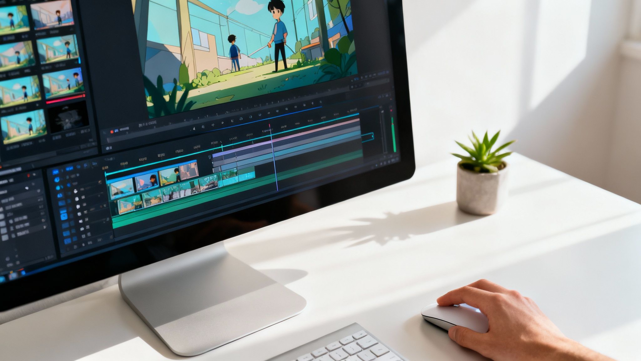 A screenshot of the Wideo editor, highlighting the timeline and asset library.