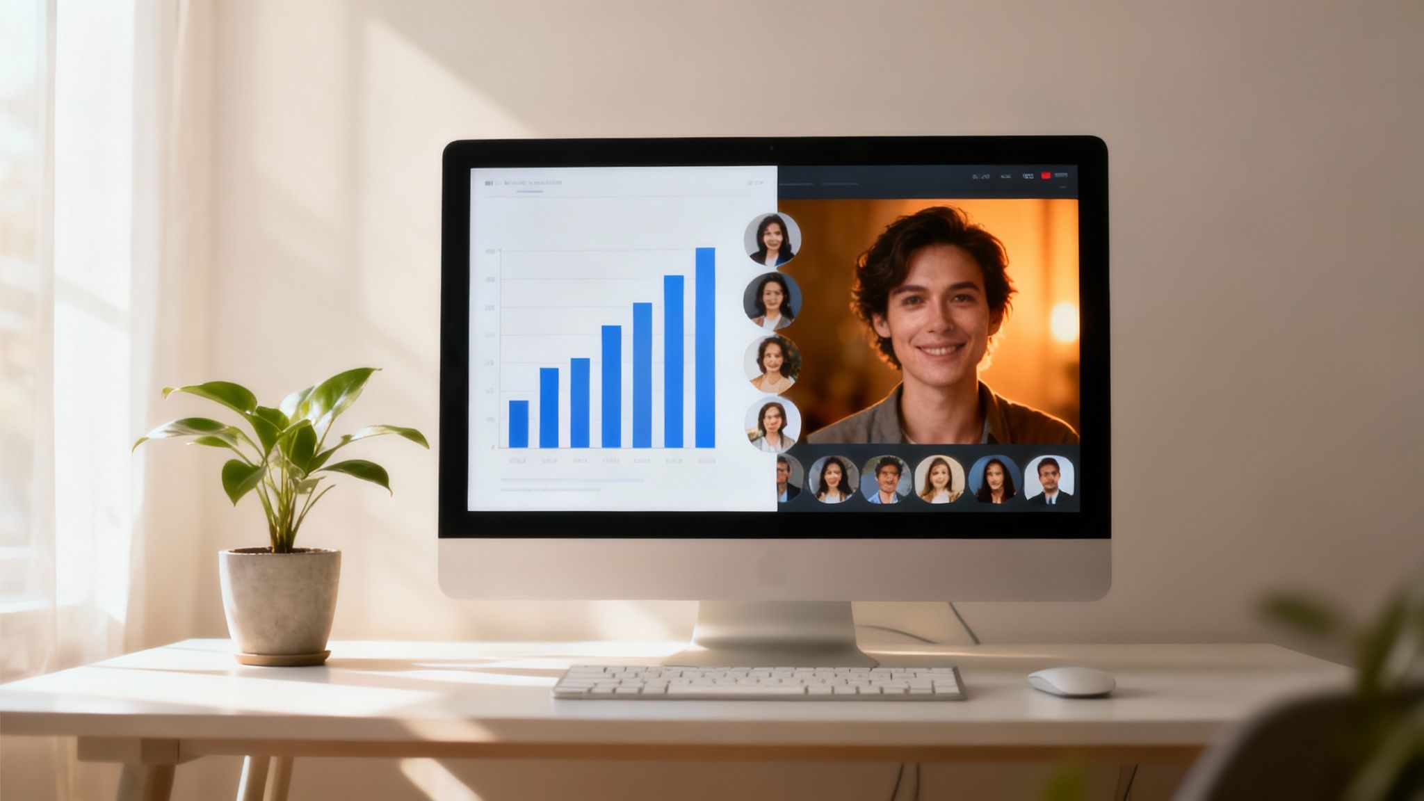 Desktop computer displaying a video conference and a growth chart, with a green plant nearby.