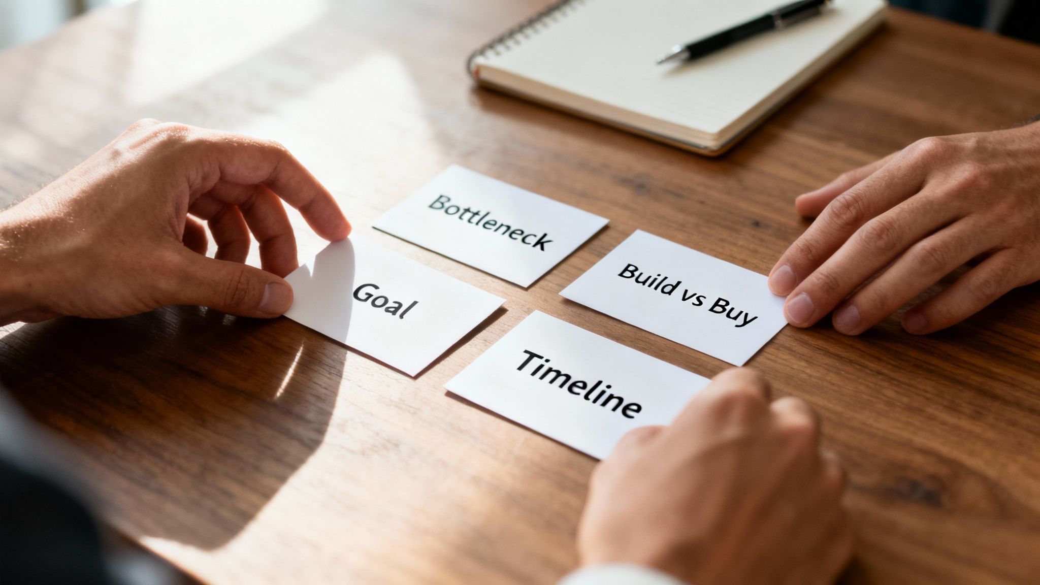 Two people discuss project strategies, touching cards labeled Goal, Bottleneck, Build vs Buy, and Timeline.