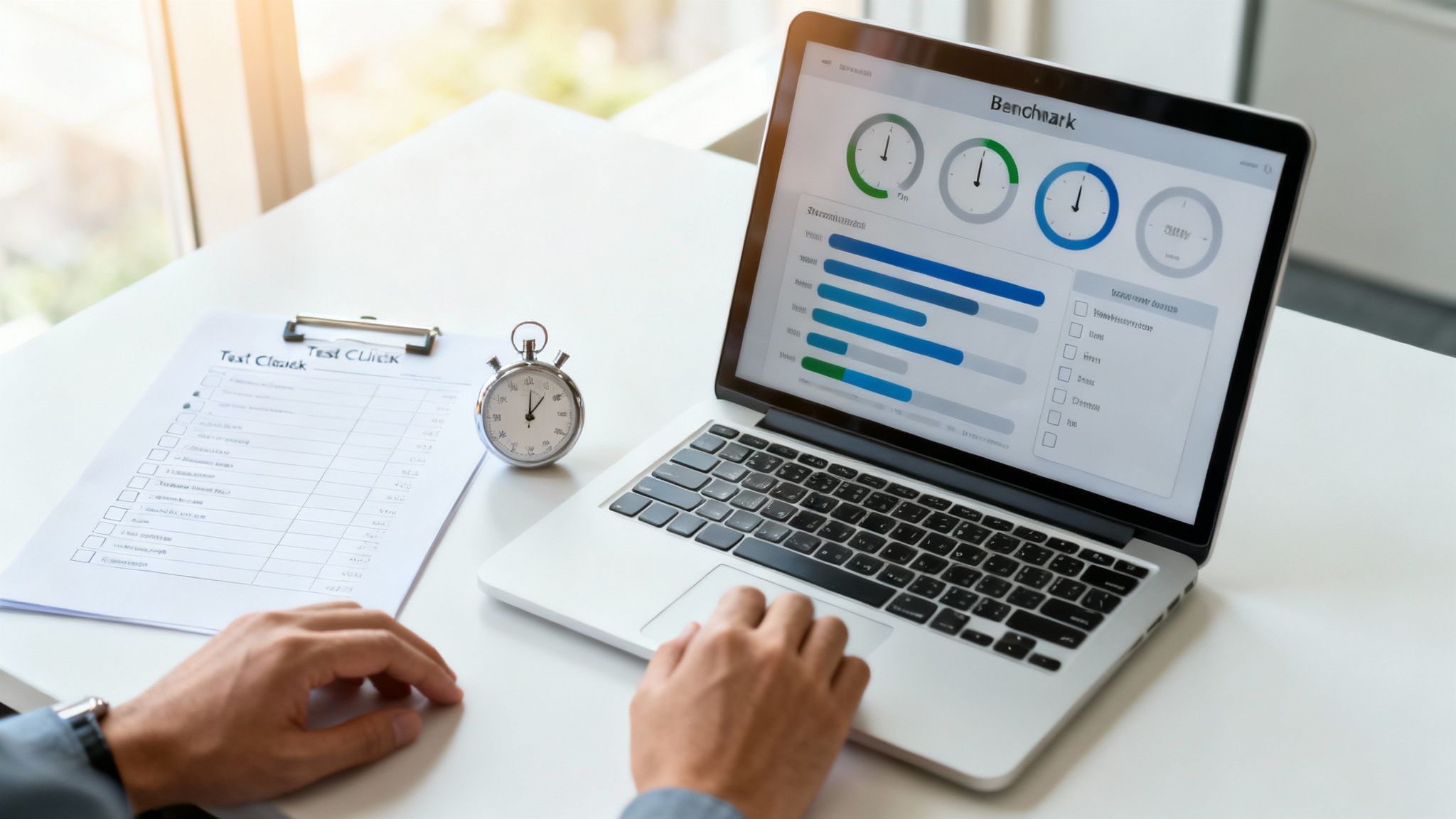Person's hands on a laptop and checklist, conducting AI performance testing.
