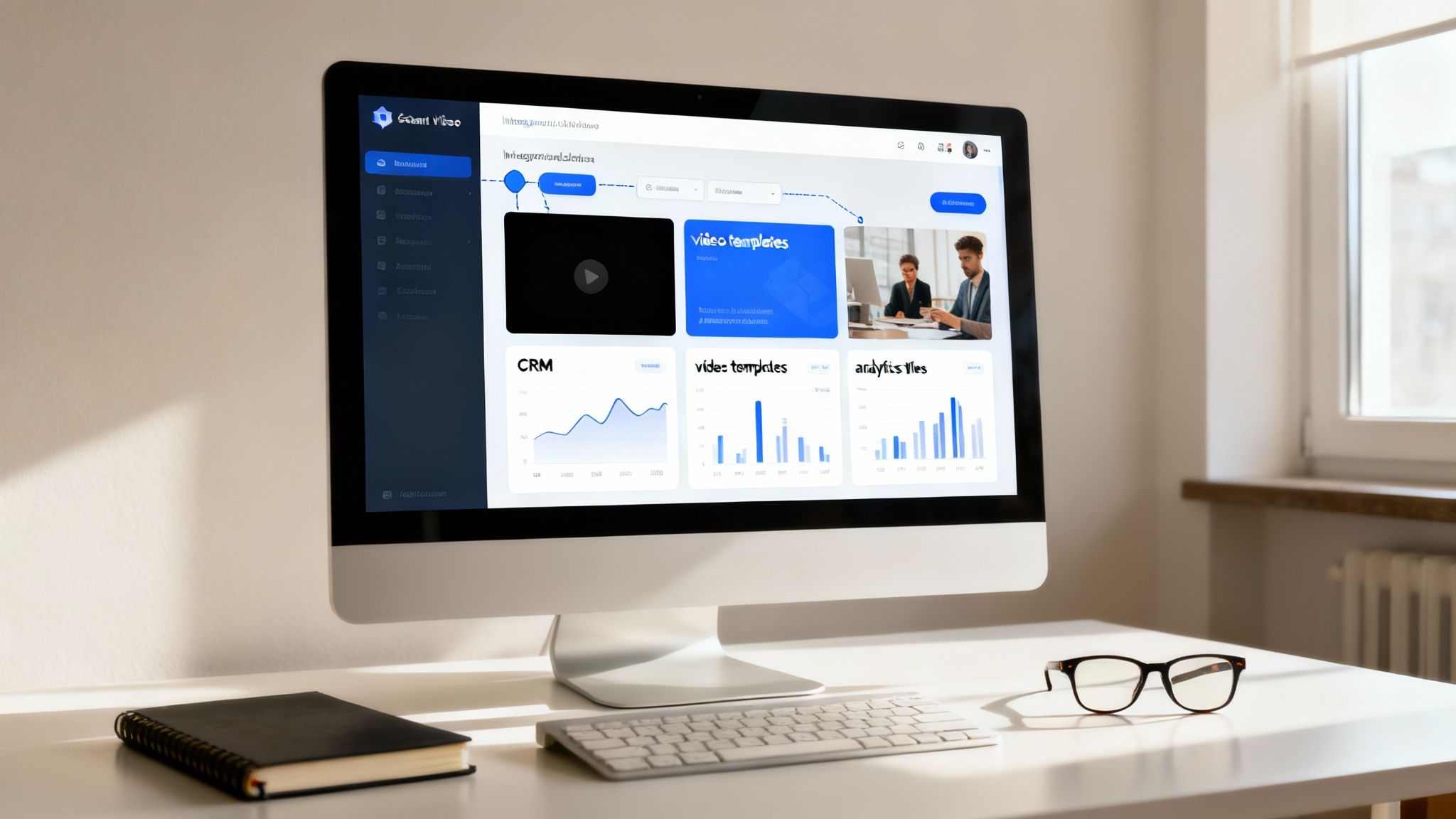 Desktop computer displaying AI automation dashboard with analytics charts and video templates interface