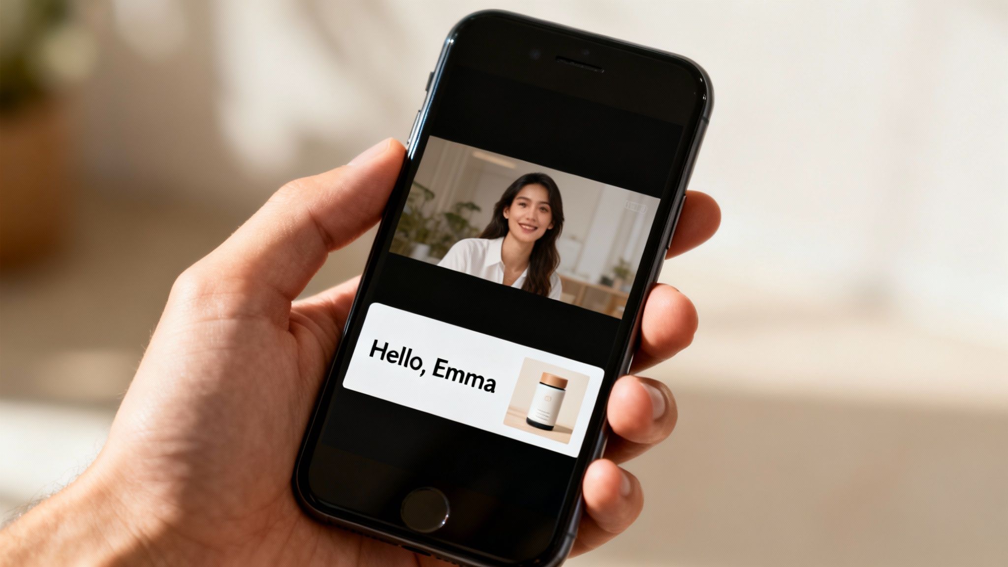 A hand holds a smartphone displaying a video call with a smiling woman and a product notification.