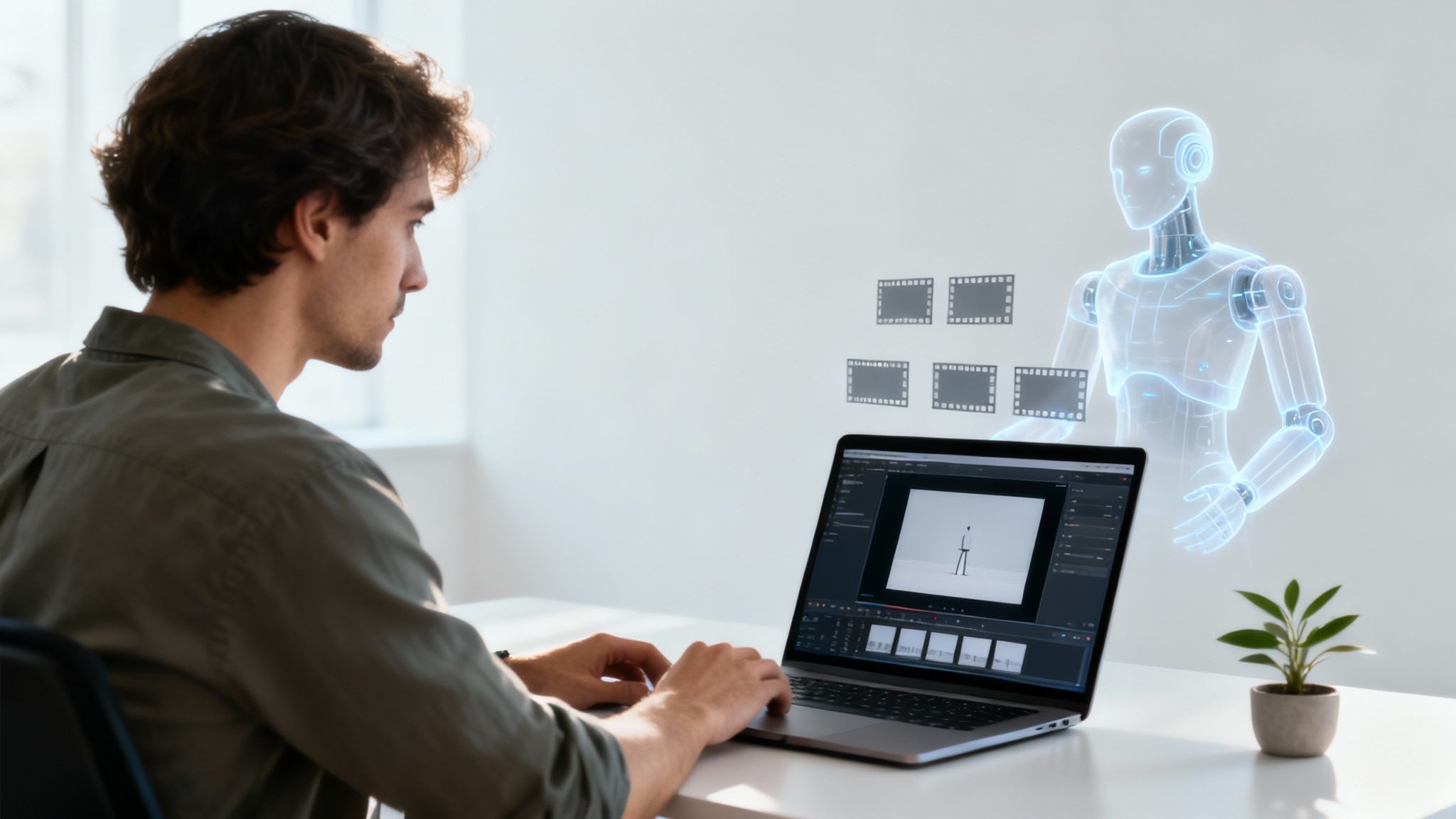 Man using laptop for video editing with holographic AI robot and filmstrip elements.