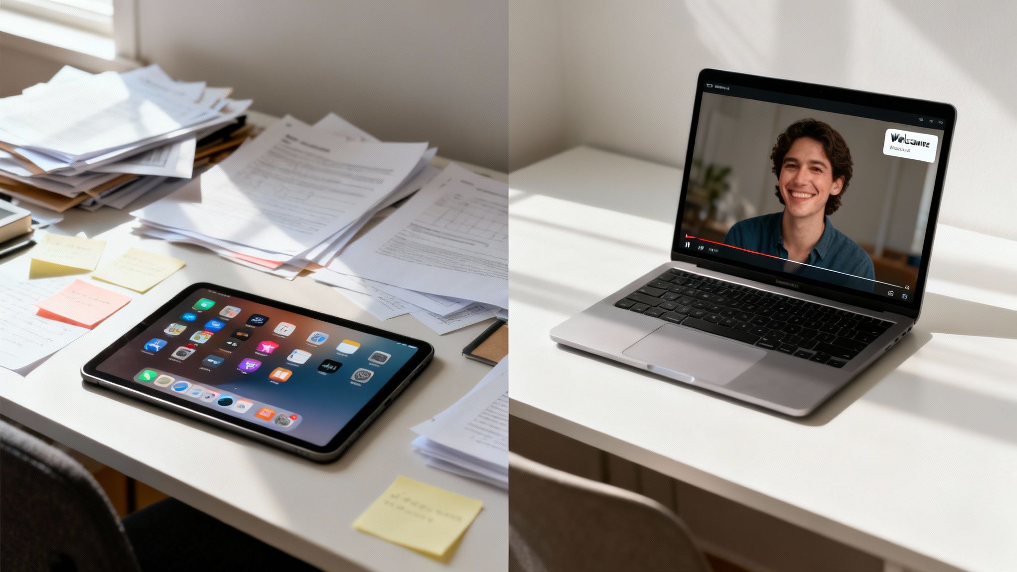 A split image showing a busy desk with an iPad and documents, and a clean desk with a laptop playing a video.
