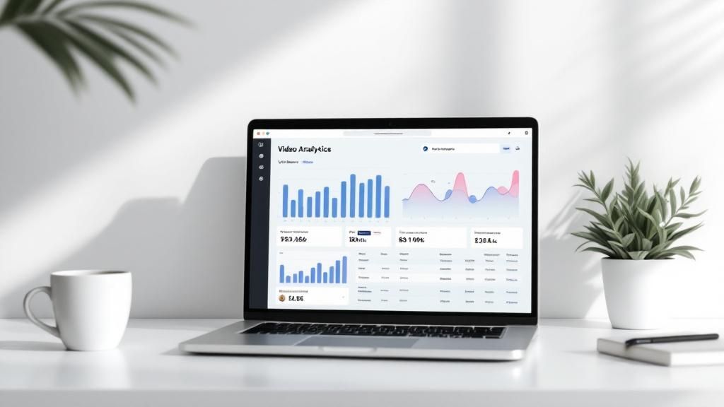 A marketing professional analyzing video performance data on a laptop, with charts and graphs visible on the screen.