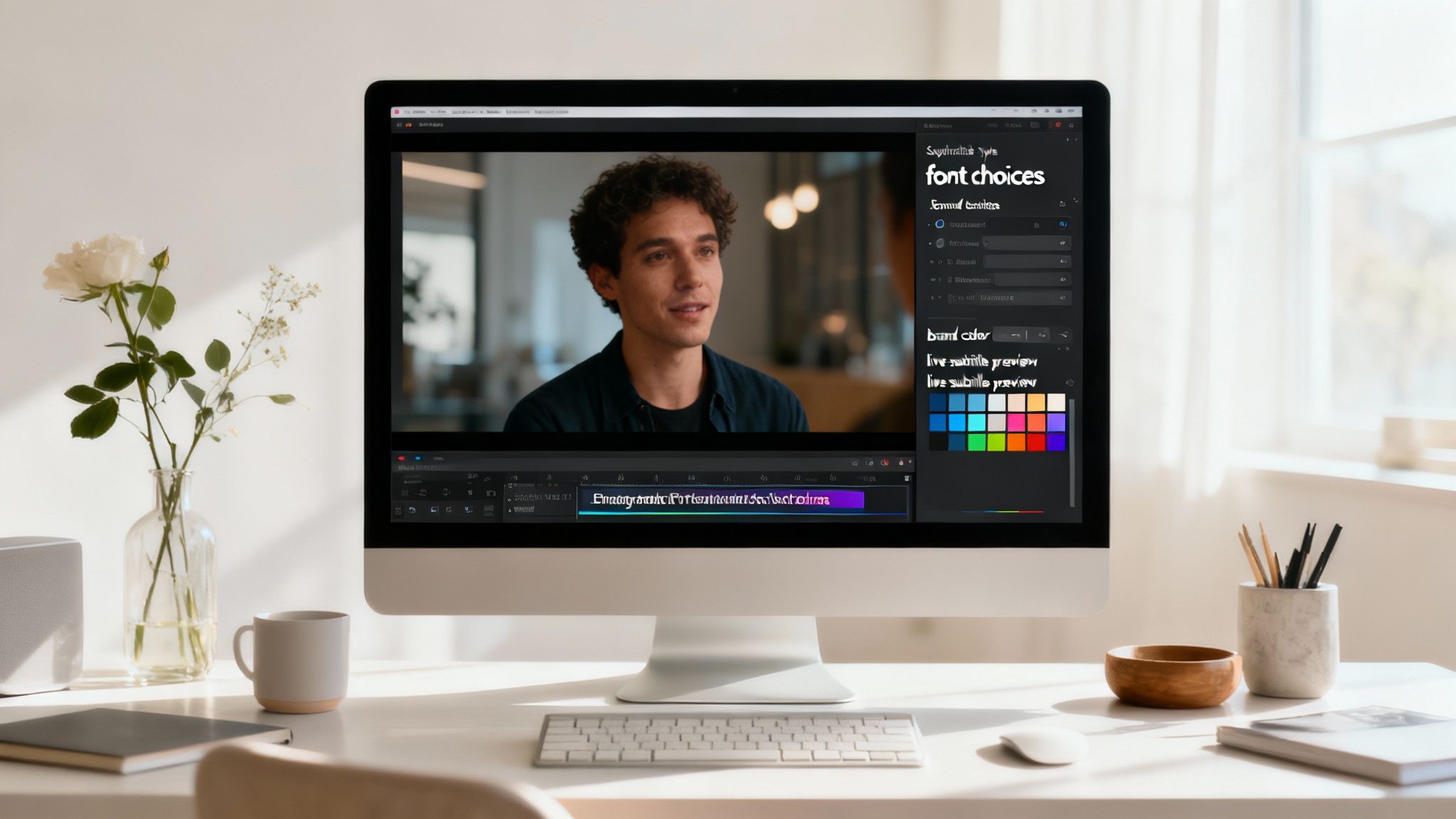 A desktop computer screen displays video editing software showing a man, subtitle settings, and color options on a bright office desk.