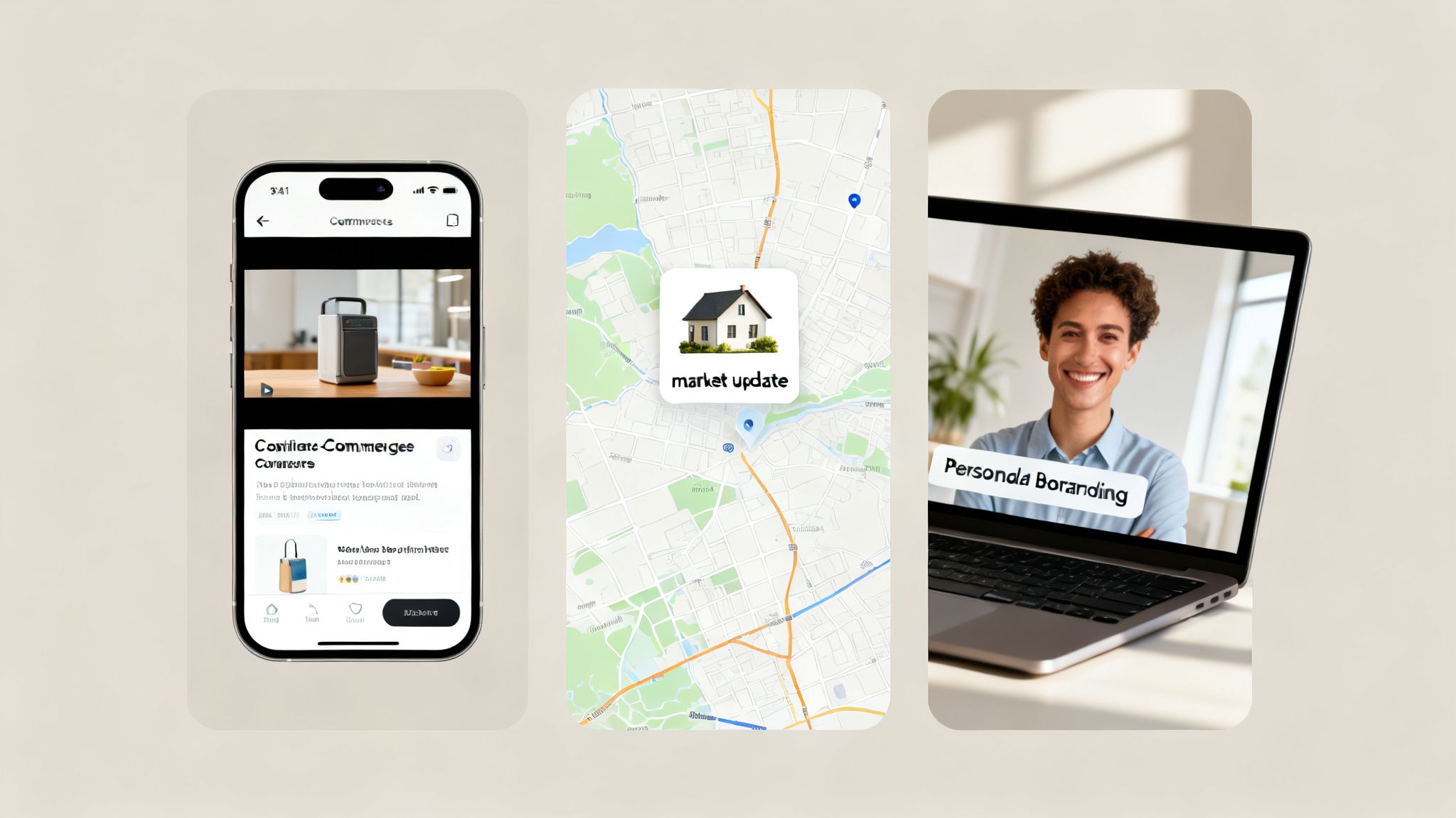 Various digital screens featuring e-commerce, real estate market updates, and a video conference.
