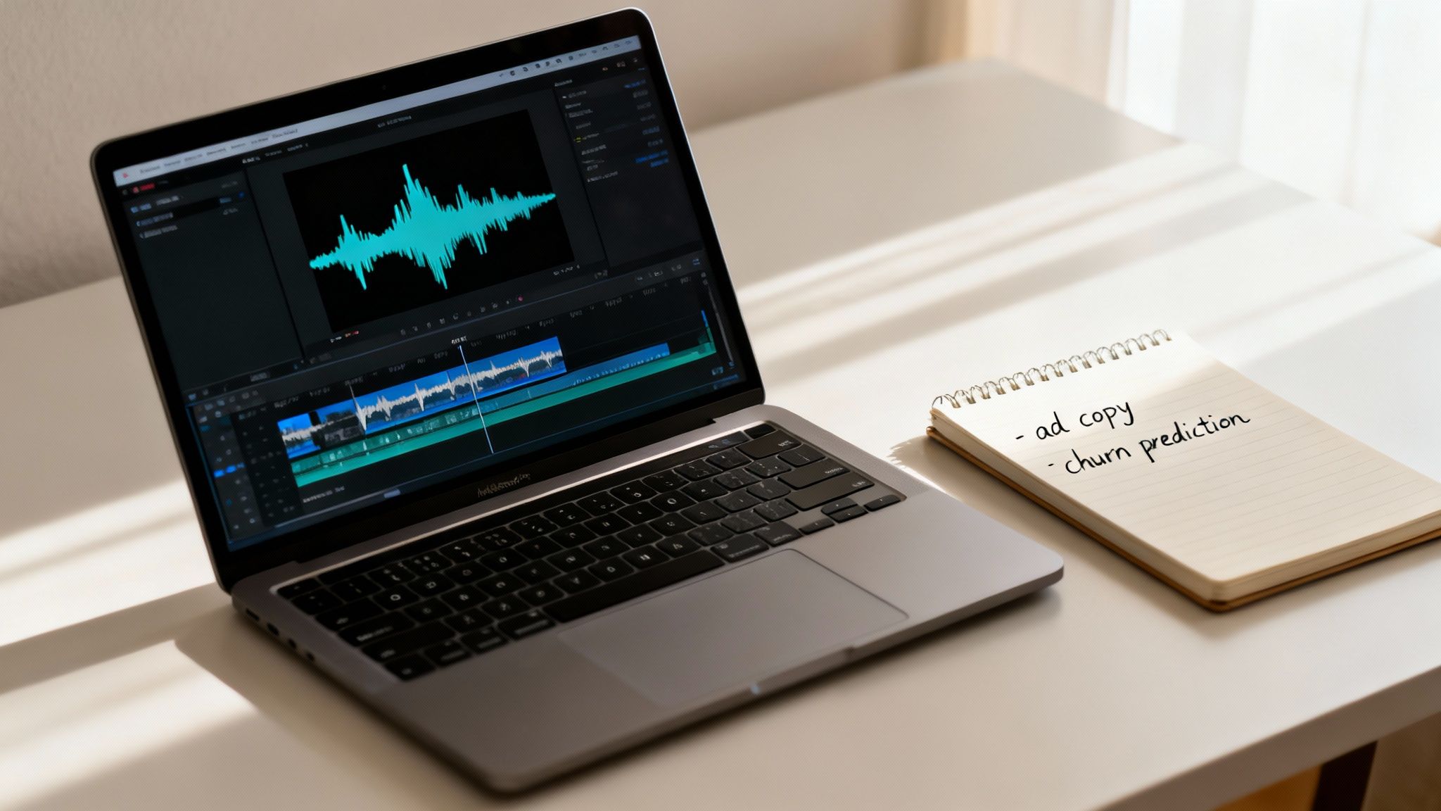 A laptop displaying audio editing software and a notebook listing 'ad copy' and 'churn prediction' tasks.