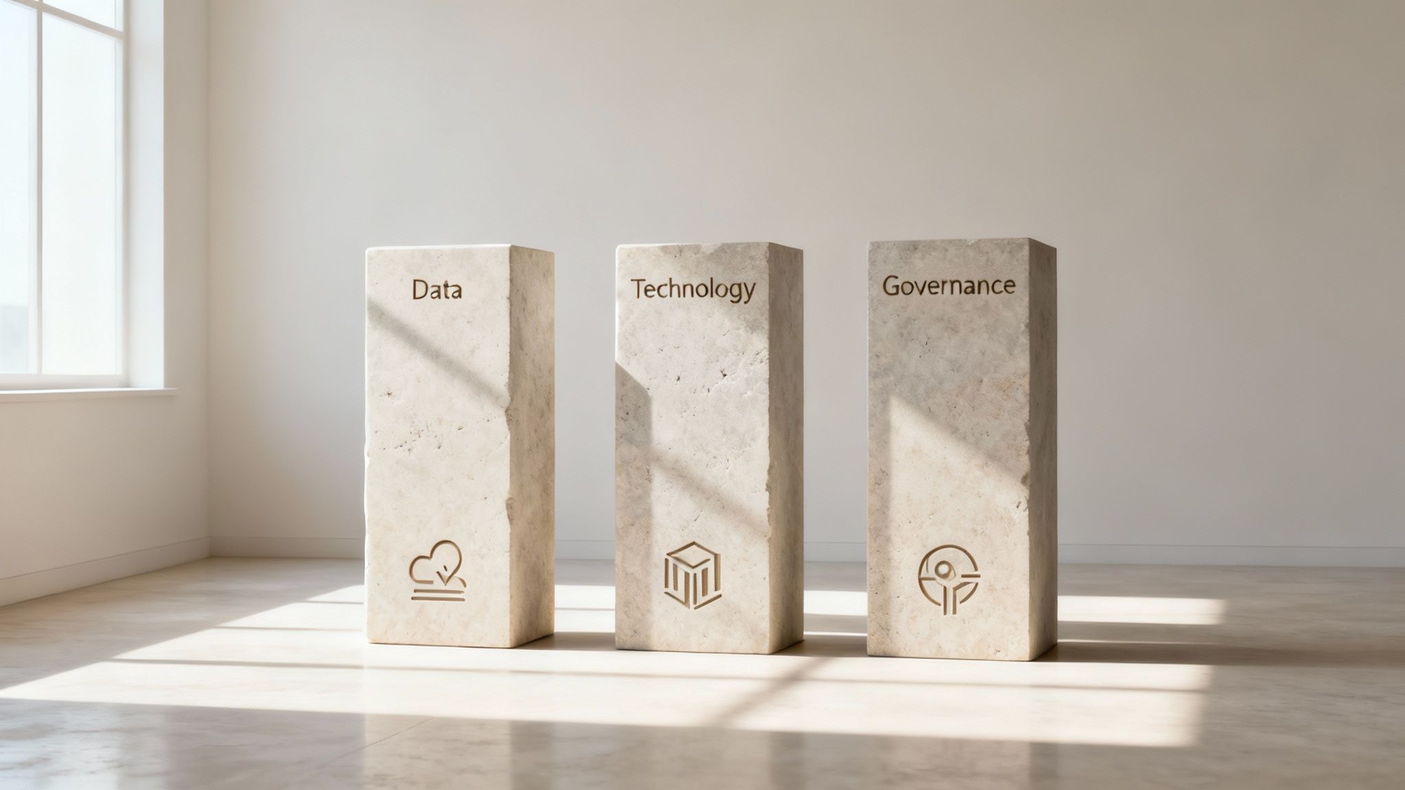 Three stone pillars labeled Data, Technology, and Governance stand in a bright, sunlit room.