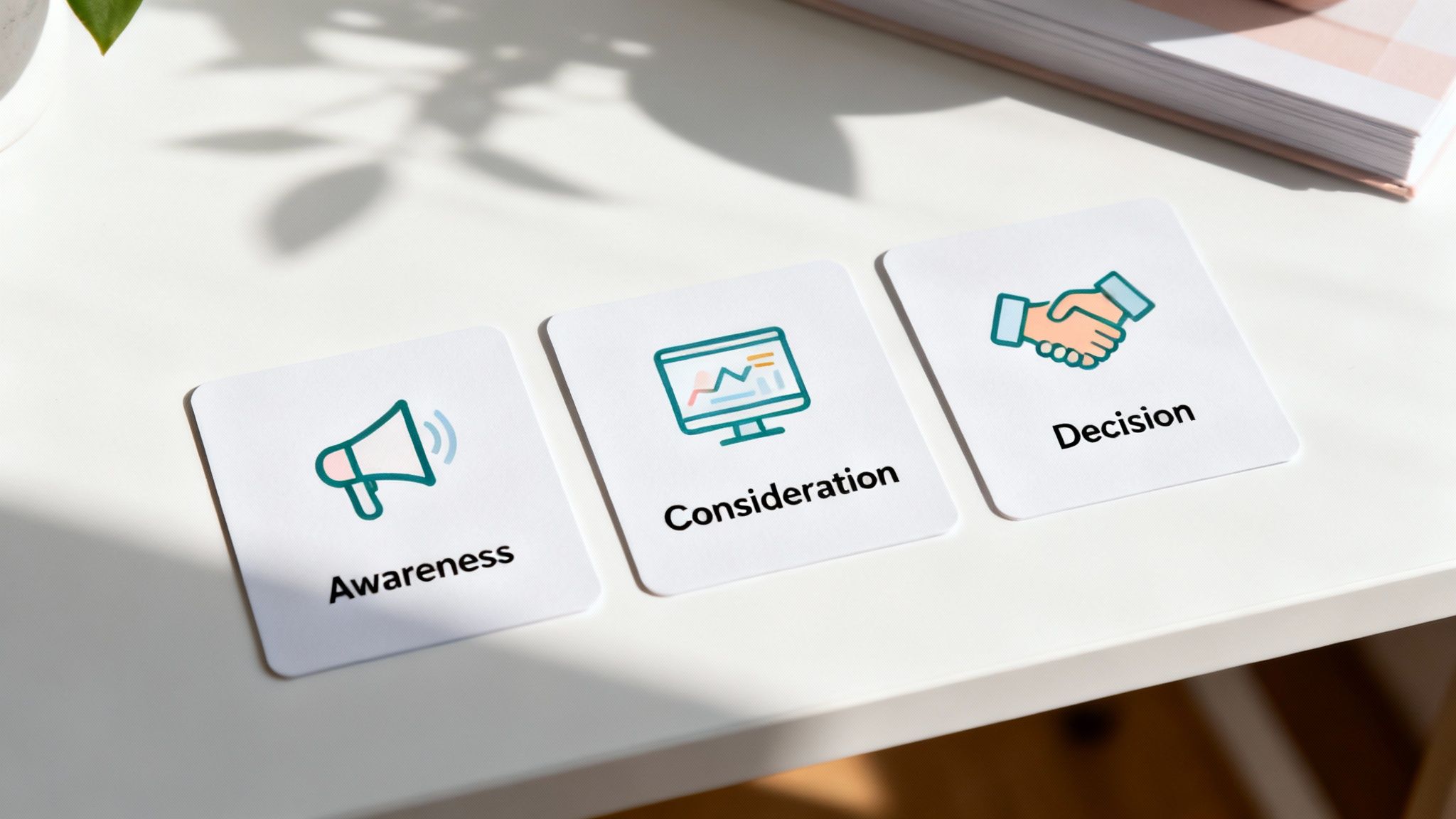 A visual representation of a marketing funnel with different content types like video, blogs, and infographics at each stage.