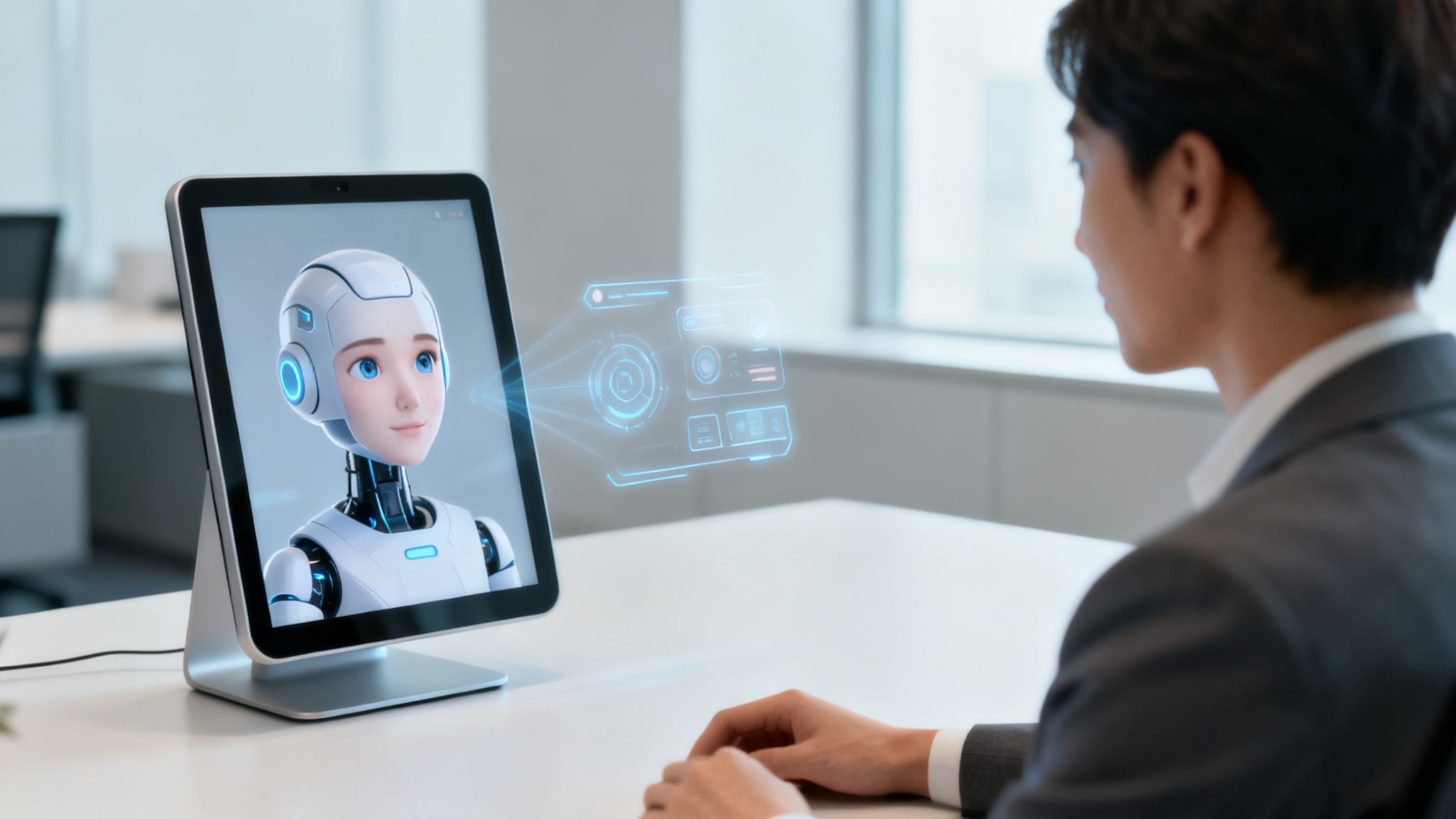 A man interacts with a conversational AI robot on a tablet, displaying futuristic holographic interfaces.