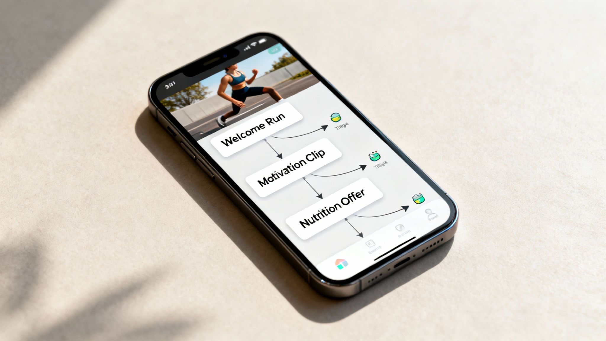 iPhone displaying fitness app onboarding flow with welcome run, motivation clip, and nutrition offer cards