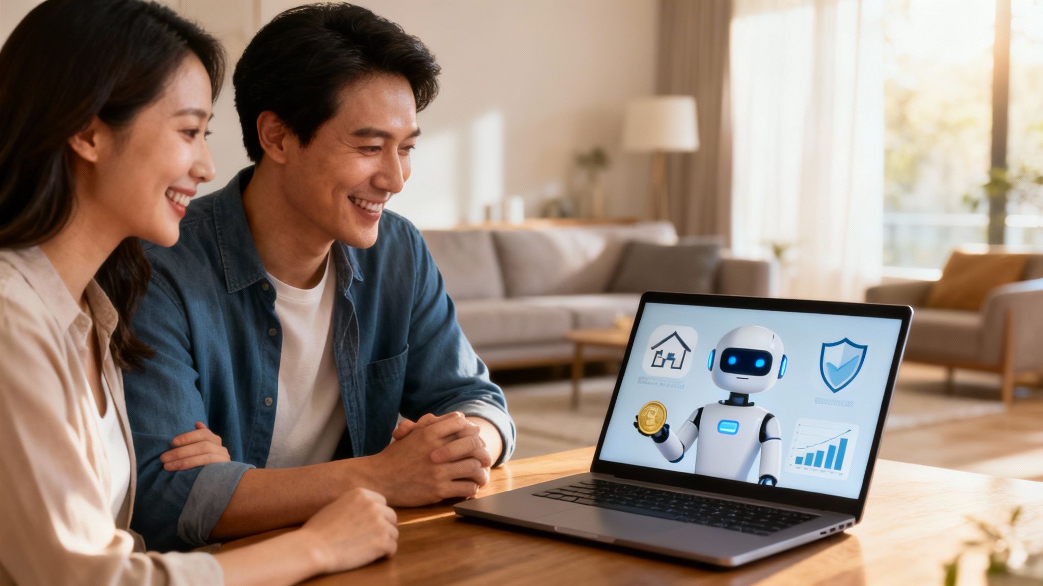 Smiling Asian couple viewing AI assistant with finance and housing icons on a laptop.
