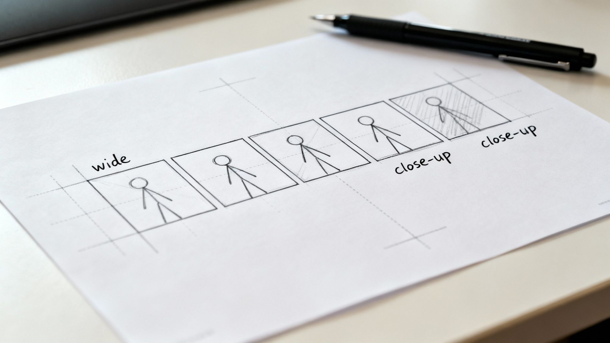 A storyboard panel showing a character at a desk, with notes on camera angle and action.