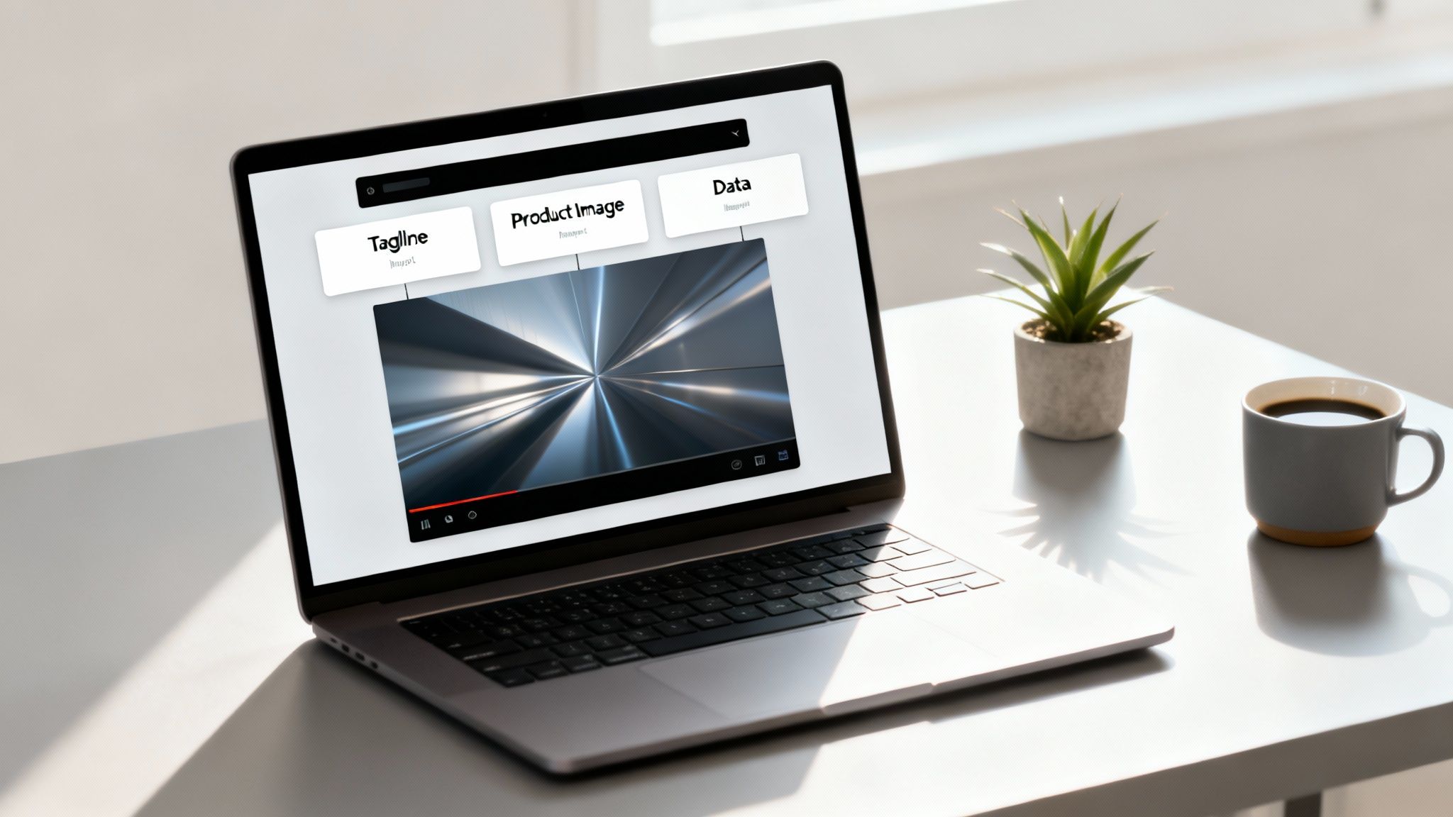 A modern laptop on a desk displaying a creative UI with product data, a plant, and coffee.
