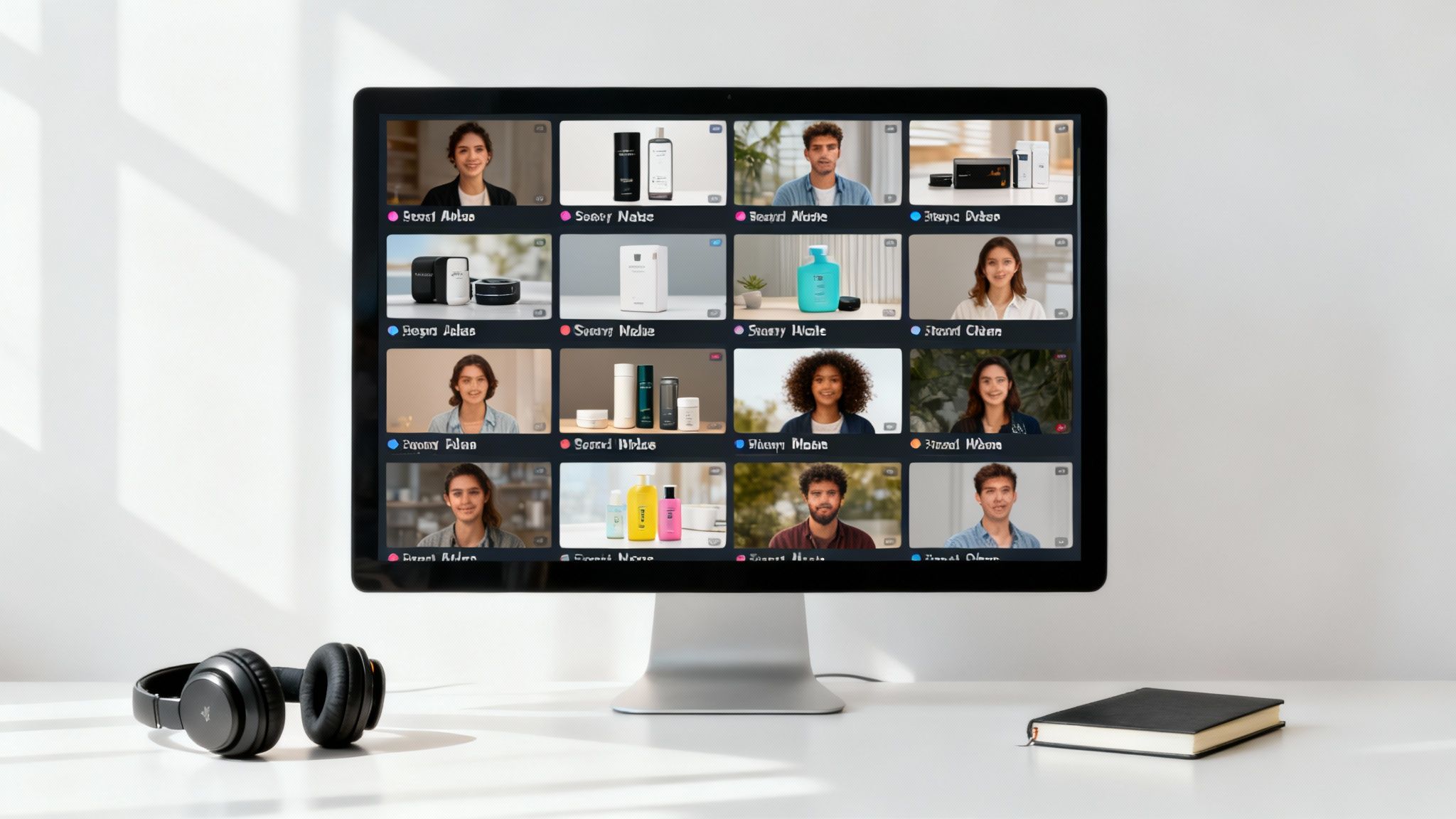 Video conference meeting showing multiple participants presenting skincare and beauty products in grid layout